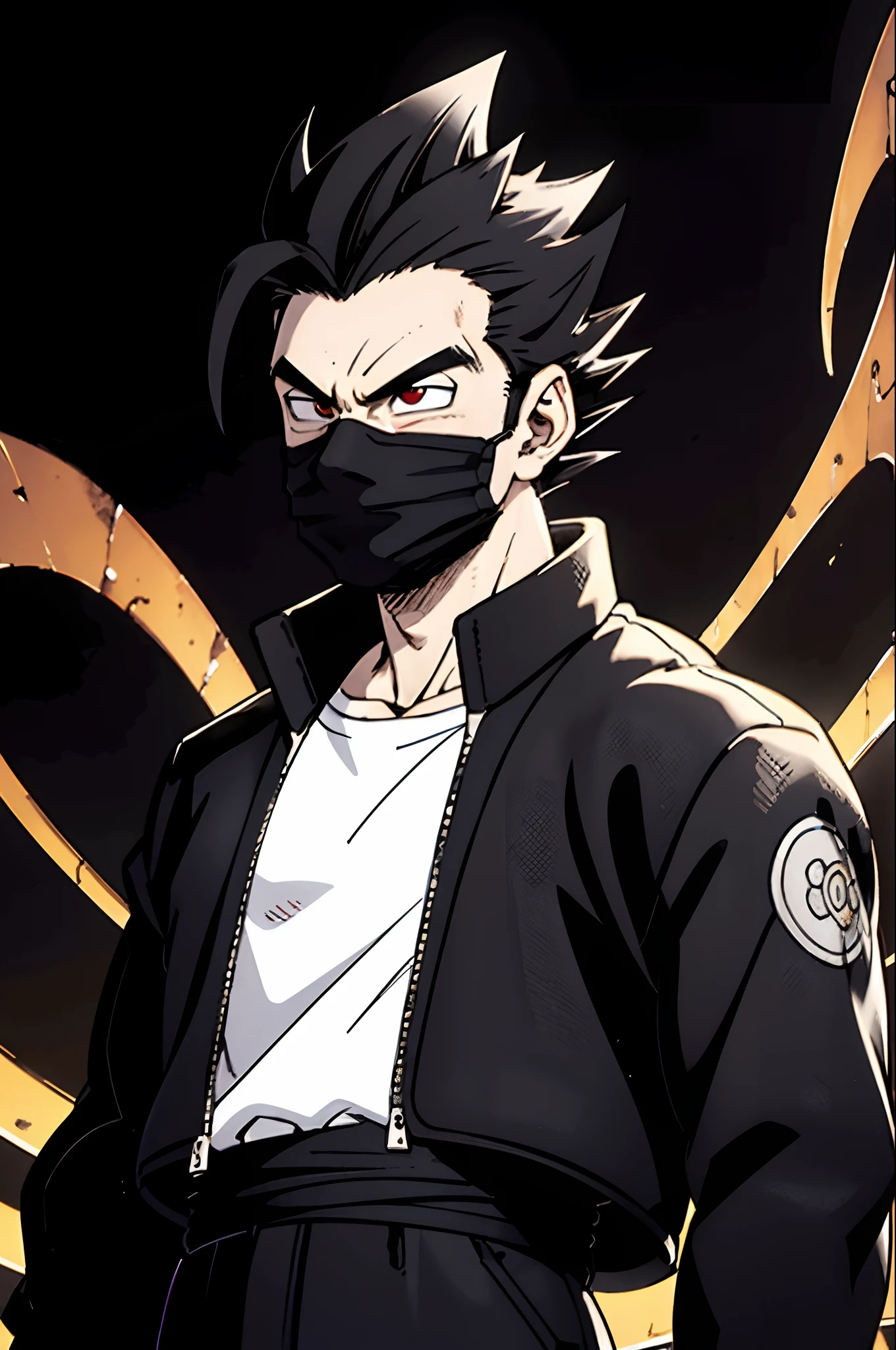 "(((masterpiece)))), best quality, ultra-detailed model, 8k CG unity photo, flawless lighting, quality shadows, a Dragon Ball boy, pushed back haircut , muscle , wearing a black jacket over a white t-shirt , black ClothMask , red eyes , in the night background , black gloves , black mask in his mouth , BLACK JACKET , over the jacket a WHITE SHIRT , BLACK HAIR