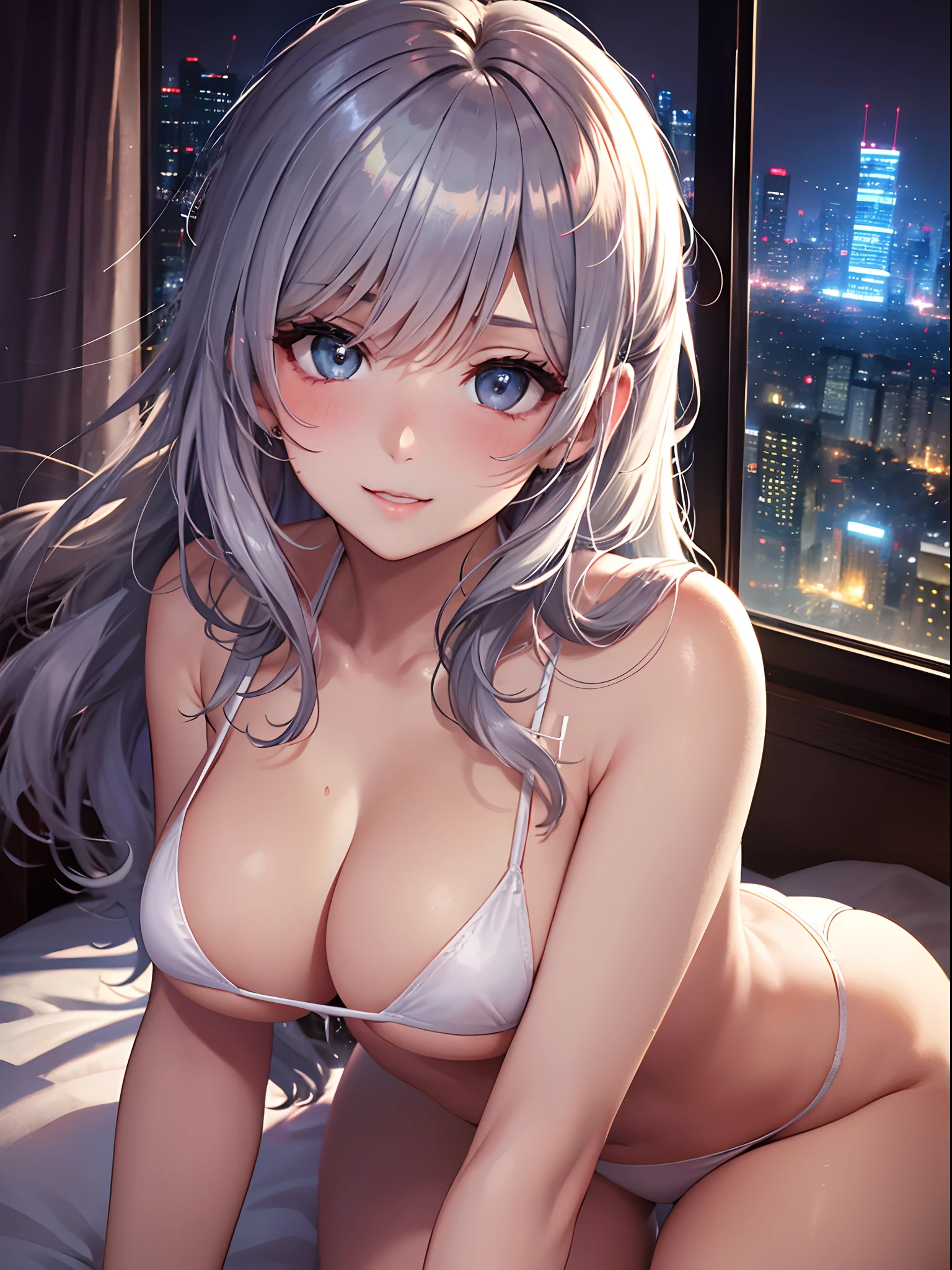masutepiece、Best Quality、Illustration、 ultra-detailliert、hight resolution、8K Wallpapers、Perfect dynamic composition,、Beautiful detailed eyes、(White Micro Bikini:1.3)、(Raw feet:1.3)、Medium Hair、Ash gray hair、(Beautiful Large Breasts:1.3)、Natural Color Lip、Bold sexy poses、Smile、embarassed face、blushing、Harajuku、20 years girl、Cute、Beautiful sister、Sexy shot looking at camera、60th floor of a tower apartment、Luxurious living room、You can see the night view from the window、nighttime scene、is standing、Naughty atmosphere、Erotic Poses、Evocative Pose、suggestive pose、Looming
