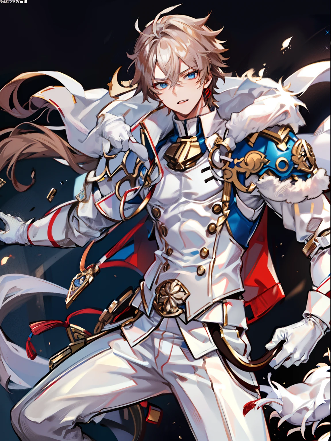 tmasterpiece,Best quality at best,(solo person),(Genshin Impact),mitts,Bulging muscles,(white business suit,white panties,tiese)Bulging of the pectoral muscles,White gloves,Abs,malefocus,1boy,White gloves,独奏,Brown hair,Blue eyes,blue capelet,hair between eye,((Bulging crotch)),Sexy,(Masterpiece, Best quality),(white business suit),self-assured,having fun,big laughter,white pantie, stand-up collared shirt, tiese, waistcoat, Open thickened glossy white leather jacket, Eight-pack abs, White leather mobile phone gloves, White trousers, Leather belt, spreading long thin legs, The erection,