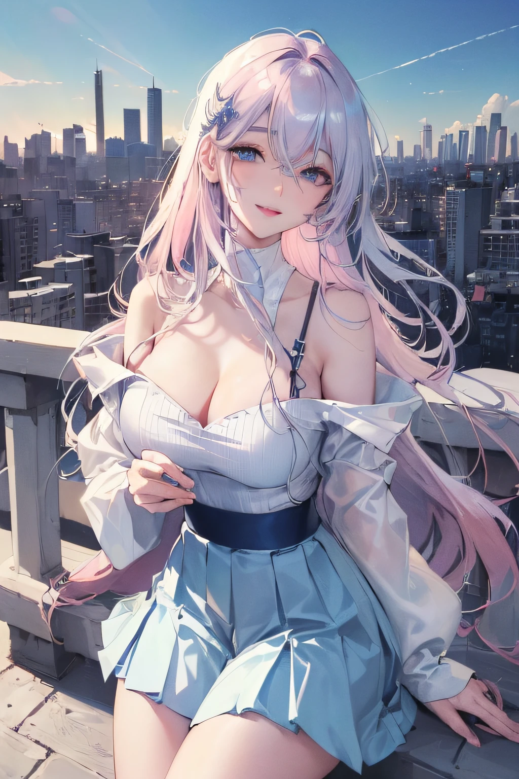 official art, masterpiece, sharp focus, (beautiful gorgeous cute Korean woman:1.3), (beautiful cute korean:1.3), korean beauty, Delicate and beautiful hair and eyes and face, realistic, ultra detailed, beautiful girl, blue sky, glow white particle, (sidelighting:1.2), sun light, white cloud, detailed clouds, slender, Lovely very large breasts and very large hips, smile with teeth, ((smile with eyes, open both eyes)), scenery, long straight hair, sexy facial expression, building, (cityscape:1.7), dynamic hair, long straight hair, detailed platinum pink hair, glow blue eyes, (blue pleated shirts + white skirt), white long socks, pale skin, hair ornament, epic scenery,