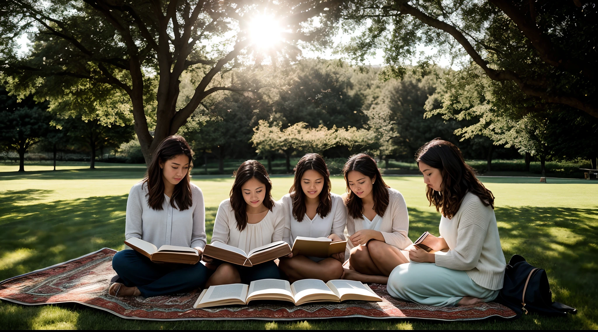 instagram photo, A thoughtful composition featuring women immersed in their literature studies under the open sky, scholarly, peaceful, Nikon Z6 II with 50mm f/1.8 lens, soft morning light, lifestyle photography.