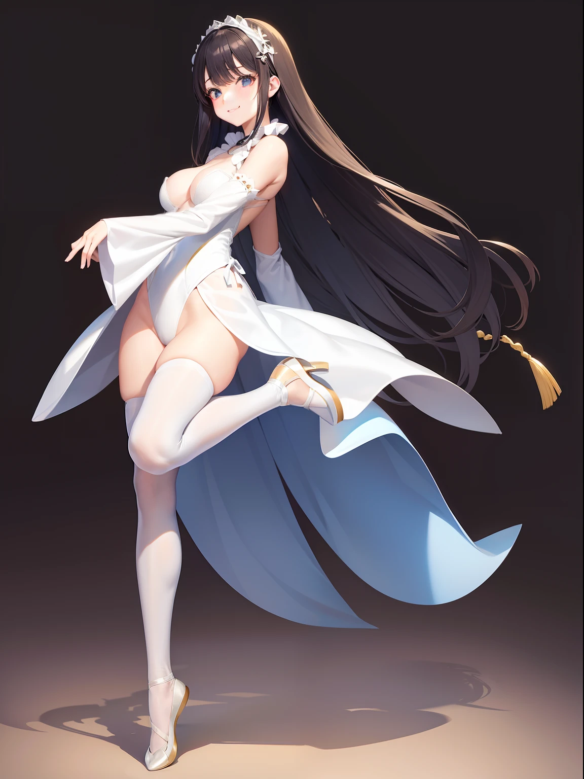 Leotard with white sleeves、white tights、、Ballet Shoes、ballerina、A dark-haired、A Japanese Lady、standing up、Full body like、a smile、