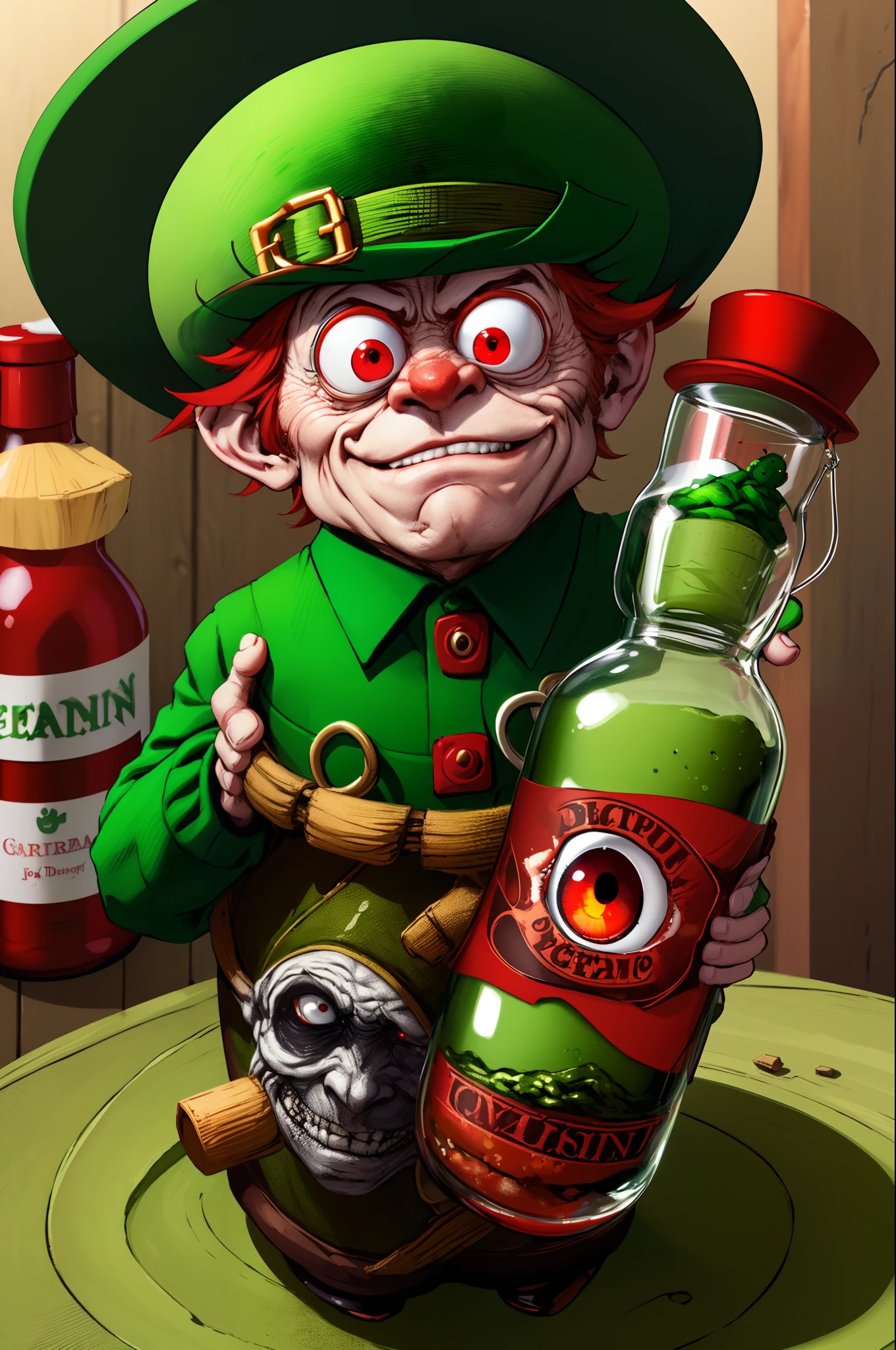 leprechaun, green, red eyes, with funny hat, with gloomy face, and pretty outfit, in a bottle realístico, dentro da garrafa de vidro