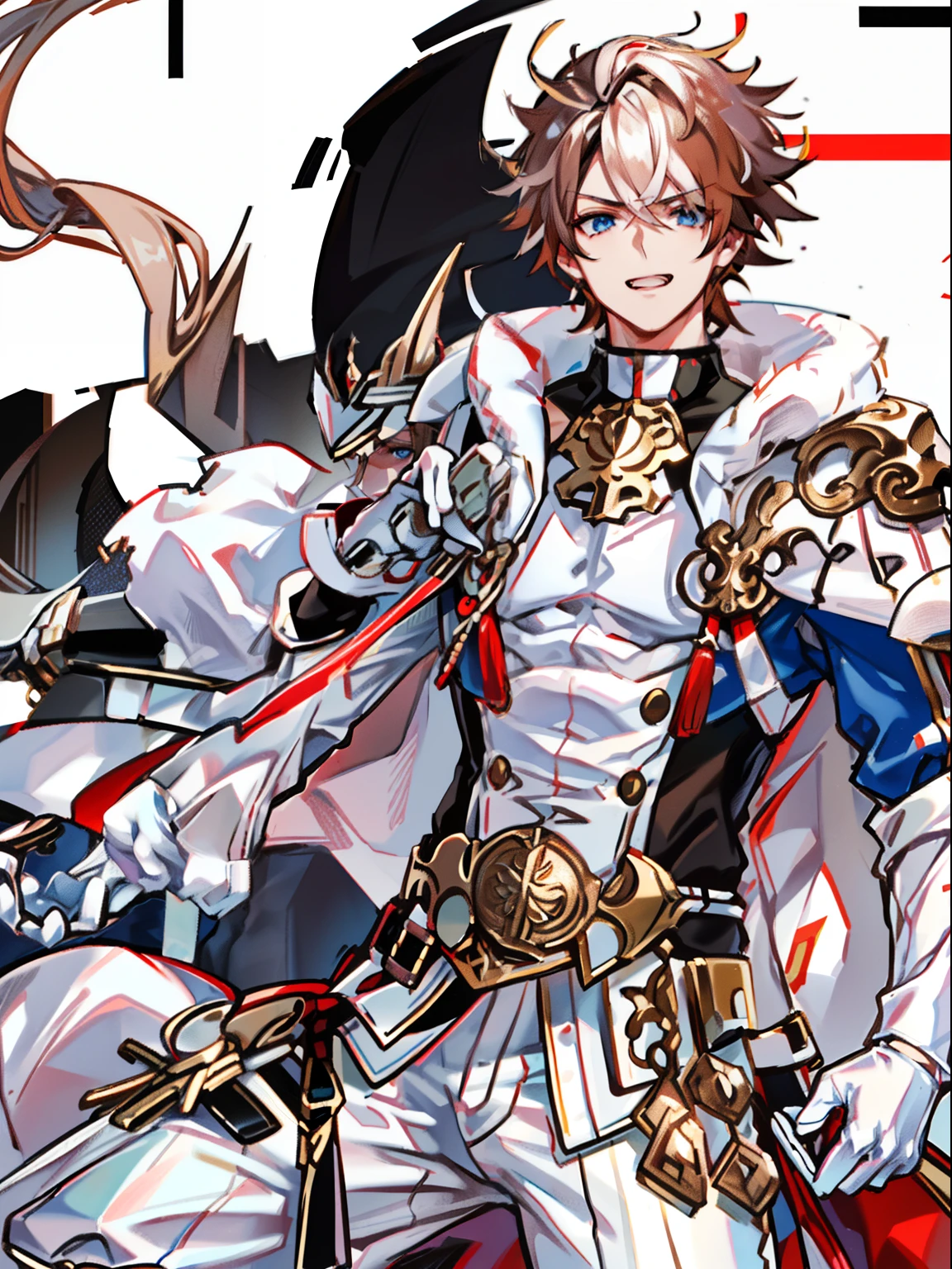 tmasterpiece,Best quality at best,(solo person),(Genshin Impact),mitts,Bulging muscles,(white business suit,white panties,tiese)Pectoral muscle bulge,White gloves,Abs,malefocus,1boy,White gloves,独奏,Brown hair,Blue eyes,blue capelet,hair between eye,((Bulging crotch)),Sexy,(Masterpiece, Best quality),(white business suit),self-assured,having fun,big laughter,white pantie, stand-up collared shirt, tiese, waistcoat, Open thickened glossy white leather jacket, Eight-pack abs, White leather mobile phone gloves, White trousers, Leather belt, spreading long thin legs, The erection,