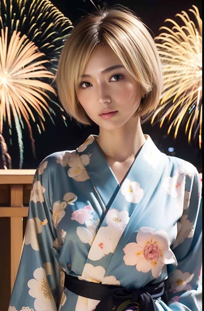8k, best quality, ultra high res, (photo realistic:1.4), (Japanese famous actress:1.2), very beautiful, professional photograph, perfect anatomy, realistic body, fair skin, shiny skin, slender body, good figure, (blond hair:1.2), (very short hair:1.2), (tanned skin:1.4), black gal, (floral pattern and gentle colored yukata), (fireworks:1.3),