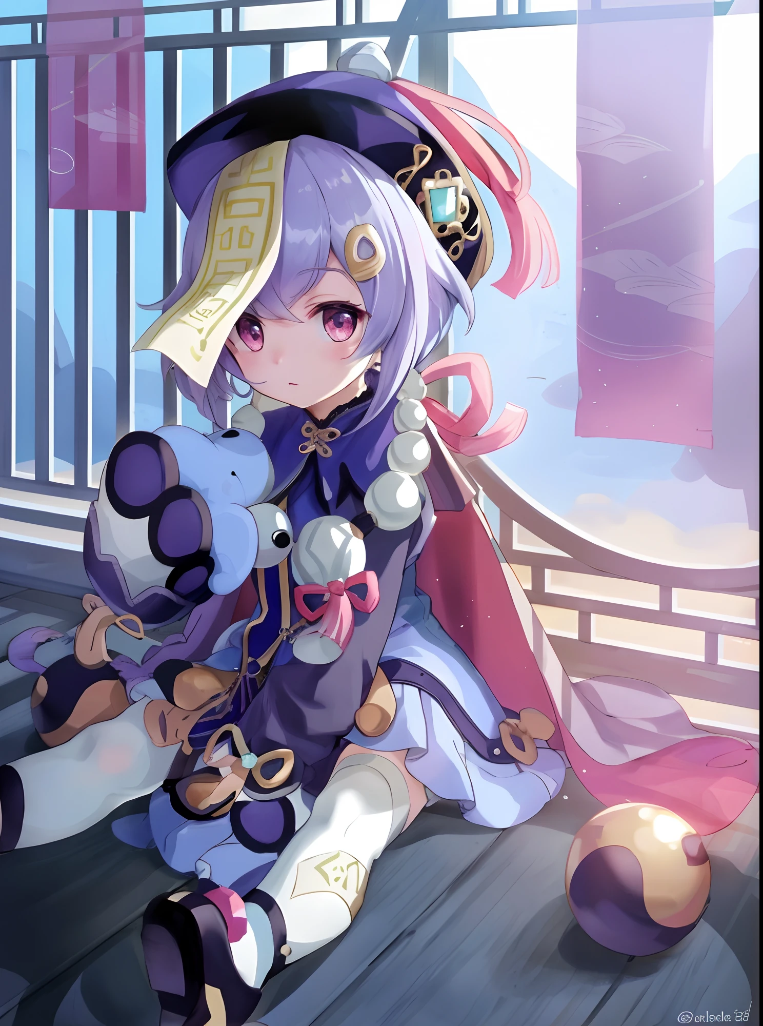 1girl, purple hair, short hair, bangs, eyes covered by hair, tired, sad, depressed, emotionless, cold, purple clothes, castle, pale skin