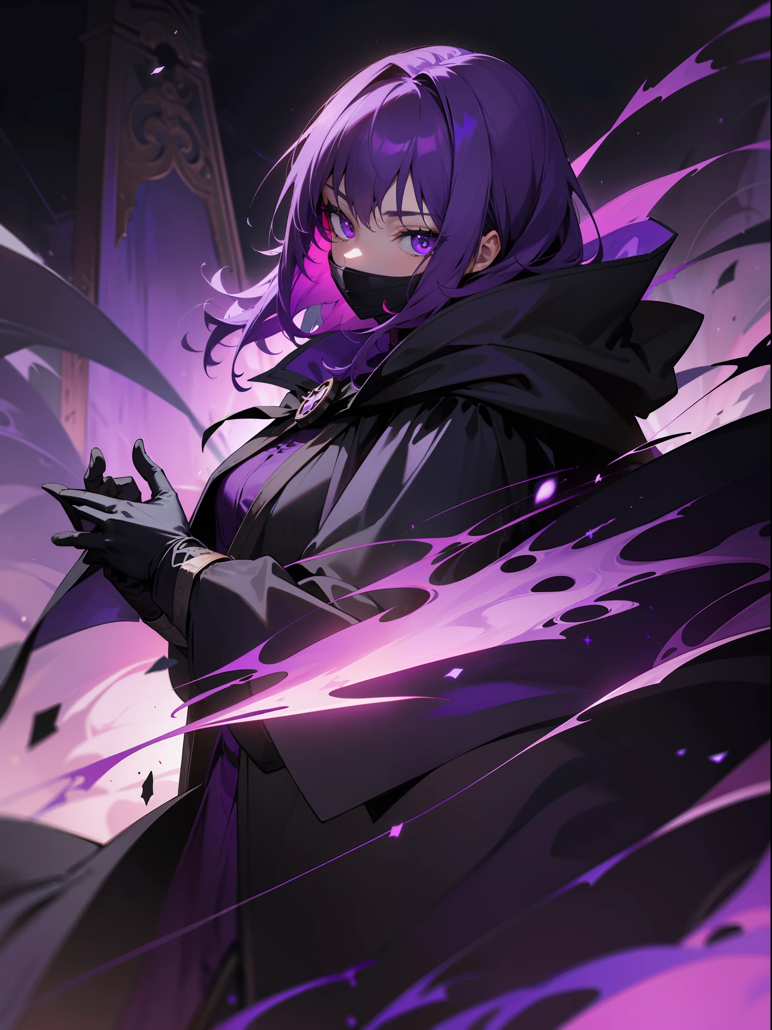 There is a cross on the mask，The cloak will cover the entire body，Short thin purple hair，teens girl，Purple pupils，a black cloak，Dark Department，Purple starry sky，Red smoke flashed on the mask，black glove，There is a globe between the hands，4K，A high resolution，Enhance lighting，Dingdall effect