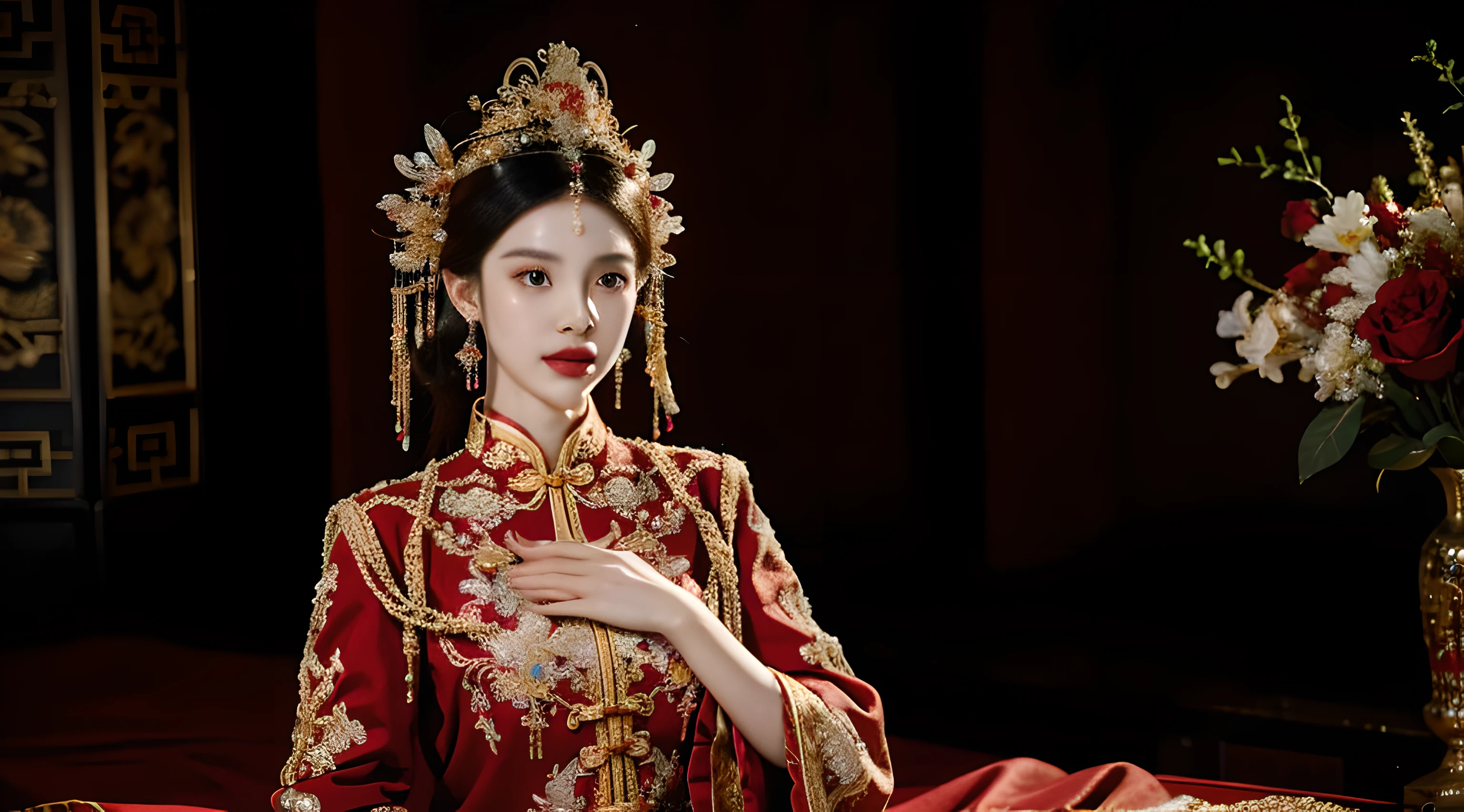 In a scene of a traditional Chinese wedding, a 20-year-old Chinese girl stands as the bride, dressed in a traditional Chinese wedding gown. She wears a phoenix crown on her head, exuding an air of dignity, beauty, and mystery. The magnificent phoenix crown, adorned with feathers that shimmer in shades of deep red and precious gold, symbolizes passion and prosperity. This exquisite accessory embodies the essence of rebirth and royal grandeur, evoking memories of bygone eras. It radiates regal majesty and timeless allure, seamlessly blending into the ambiance of a traditional Chinese celebration., black hair, chiaroscuro, depth of field, cinematic lighting, pov, Fujifilm, Nikon, best quality, highres, 16k