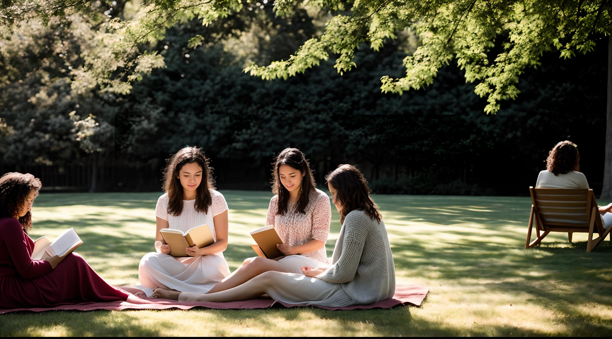 instagram photo, A thoughtful composition featuring women immersed in their literature studies under the open sky, scholarly, peaceful, Nikon Z6 II with 50mm f/1.8 lens, soft morning light, lifestyle photography.