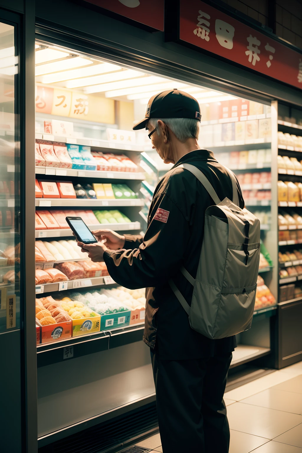 Japanese-style convenience store,The old man is shopping,Pay with your phone