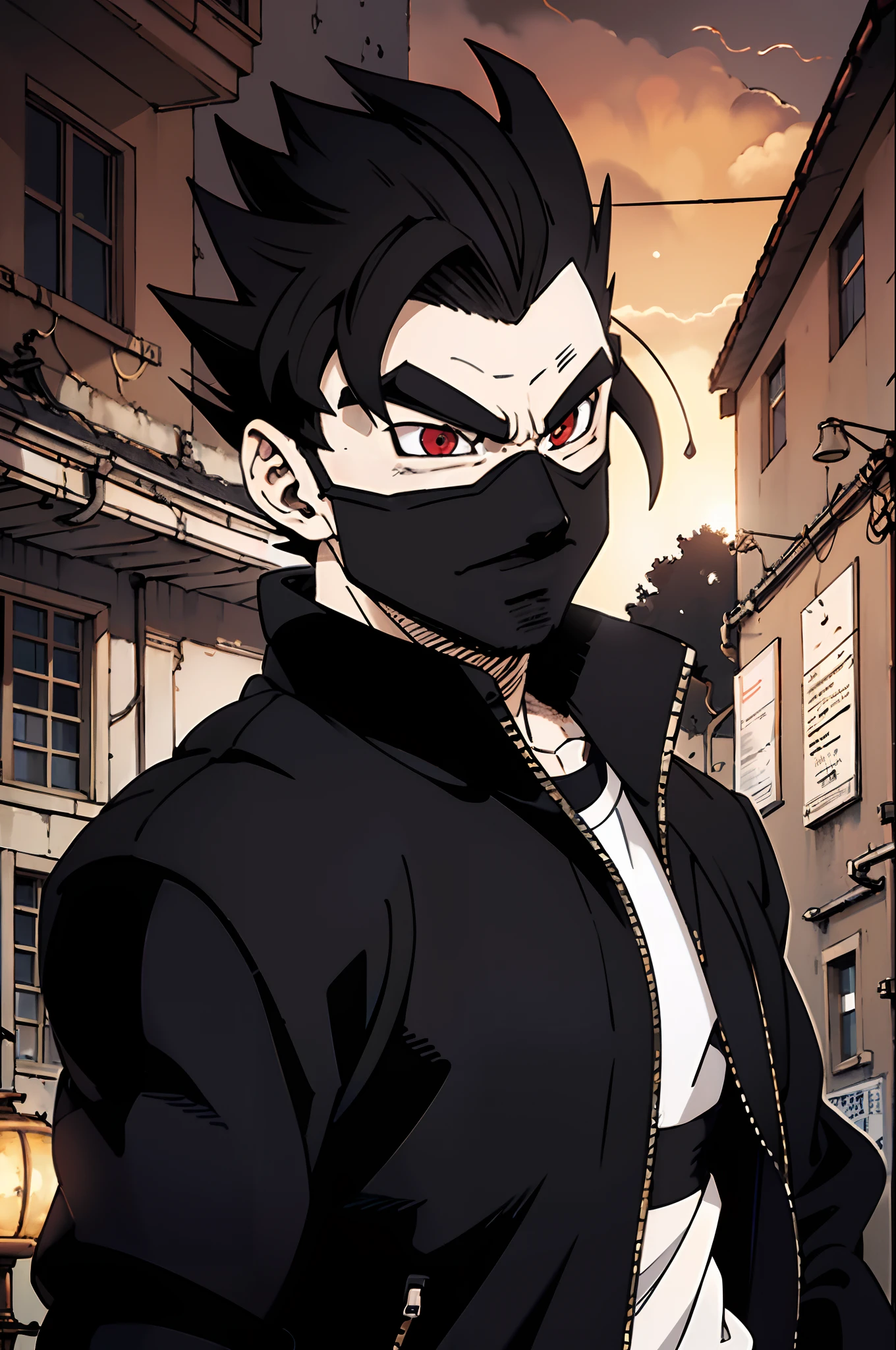 "(((masterpiece)))), best quality, ultra-detailed model, 8k CG unity photo, flawless lighting, quality shadows, a Dragon Ball boy, pushed back haircut , muscle , wearing a black jacket over a white t-shirt , black ClothMask , red eyes , in the night background , black gloves , black mask in his mouth , BLACK JACKET , over the jacket a WHITE SHIRT , BLACK HAIR , in the destroyed city background