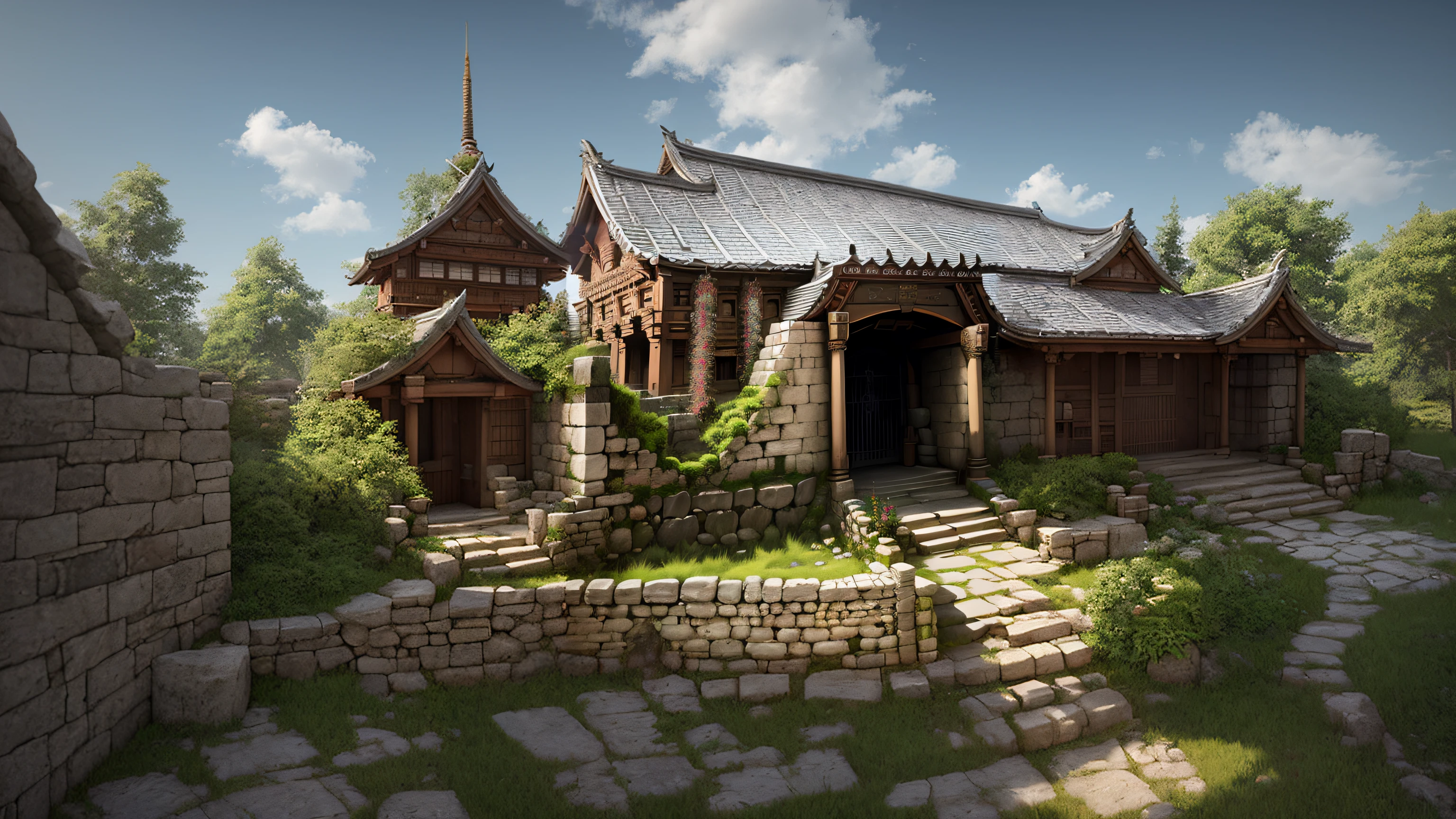 There is a stone wall and steps leading to the building, realistic fantasy rendering, akihiko yoshida. illusory engine, Elven architecture, highly realistic concept art, beautiful 3d concept art, high detal, cyberpunk japanese temple, inspired by senior environment artist, Rolands Zilvinskis 3D rendering art, beautifully detailed render, japanese temples, very detailed render