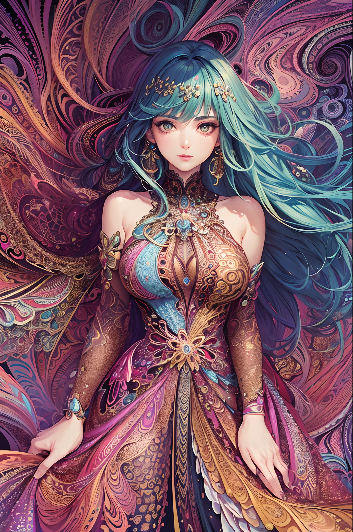 (masterpiece, top quality, best quality, official art, beautiful and aesthetic:1.2), (1girl:1.3), extremely detailed,(fractal art:1.2),colorful,highest detailed,(zentangle:1.2), (dynamic pose), (abstract background:1.5), (treditional dress:1.2), (shiny skin), (many colors:1.4), upper body