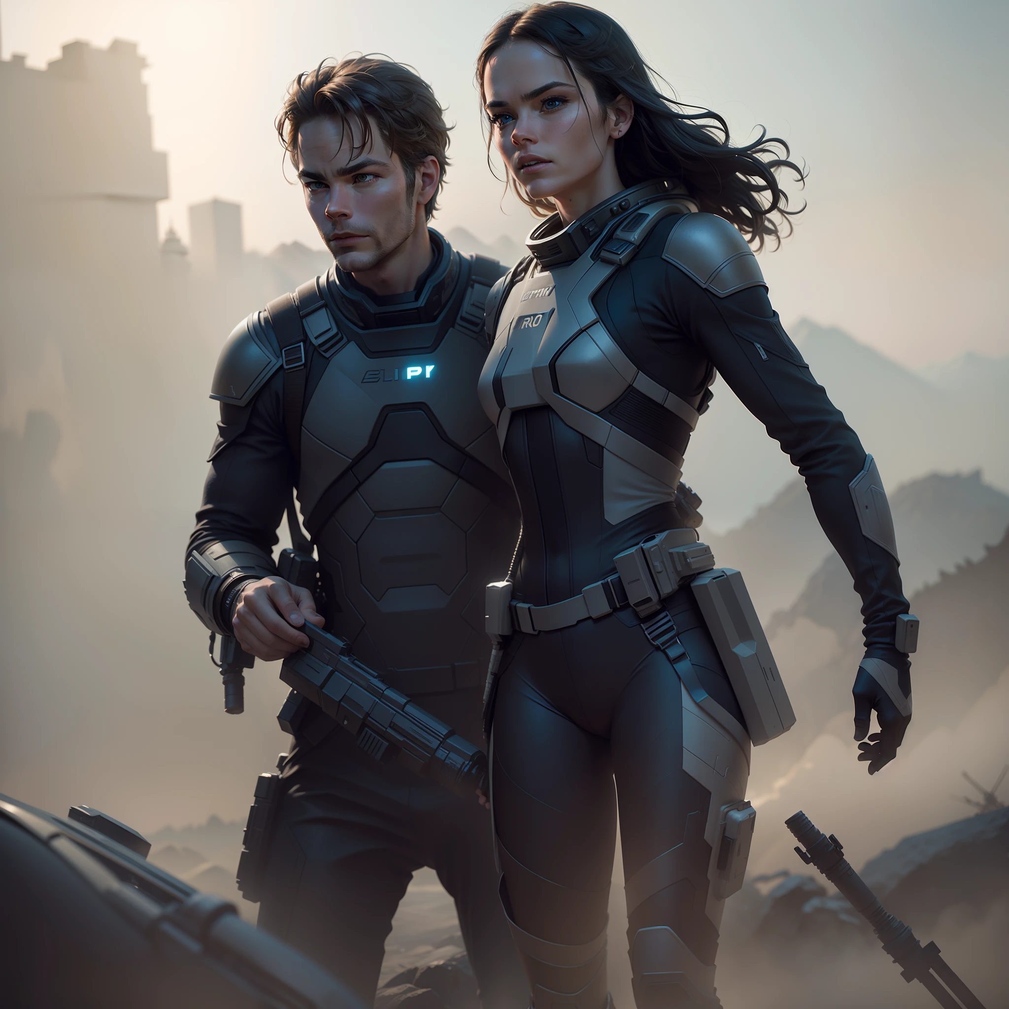 a close up action shot of epic Sci fi Chris Pine and Hot Daisy Ridley adventure , Detailed clothing details, Liquid effect, space, Interstellar battlefield photography, natural light, photorealism, cinematic rendering, ray tracing, the highest quality, the highest detail, Cinematic, Third-Person View, Blur Effect, Long Exposure, 8K, Ultra-HD, Natural Lighting, Moody Lighting, Cinematic Lighting