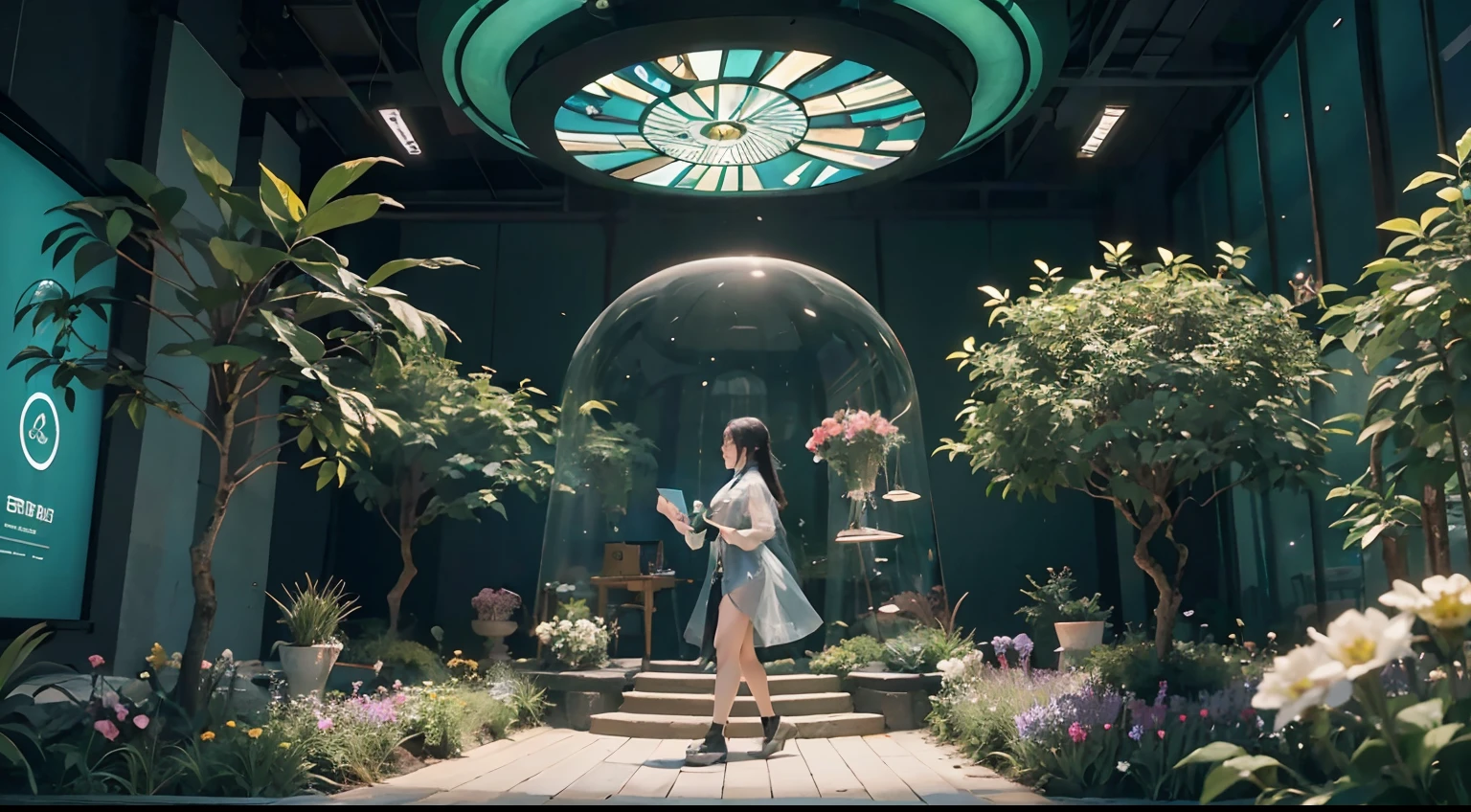 Enclosed indoor space, Bai,Lawn and flowers,, High-end pension industry exhibition hall, High-tech exhibition hall of health care industry, Nature meets technology, The indoor forest integrates a variety of high-tech display equipment and interactive platforms, There are many LED displays between green plants and flowers, Holographic devices and digital humans, An old Chinese strolling through it, nature harmony,big breasts beautiful, Harmonious immersive exhibition experience center, There is a transparent cylinder in the middle of the space, Show beautiful Chinese girl holographic transparent image,The space has 2 anthropomorphic service robots, and various data and UI interfaces,There are some lounge seats with an artistic design,There is an interactive interactive console,