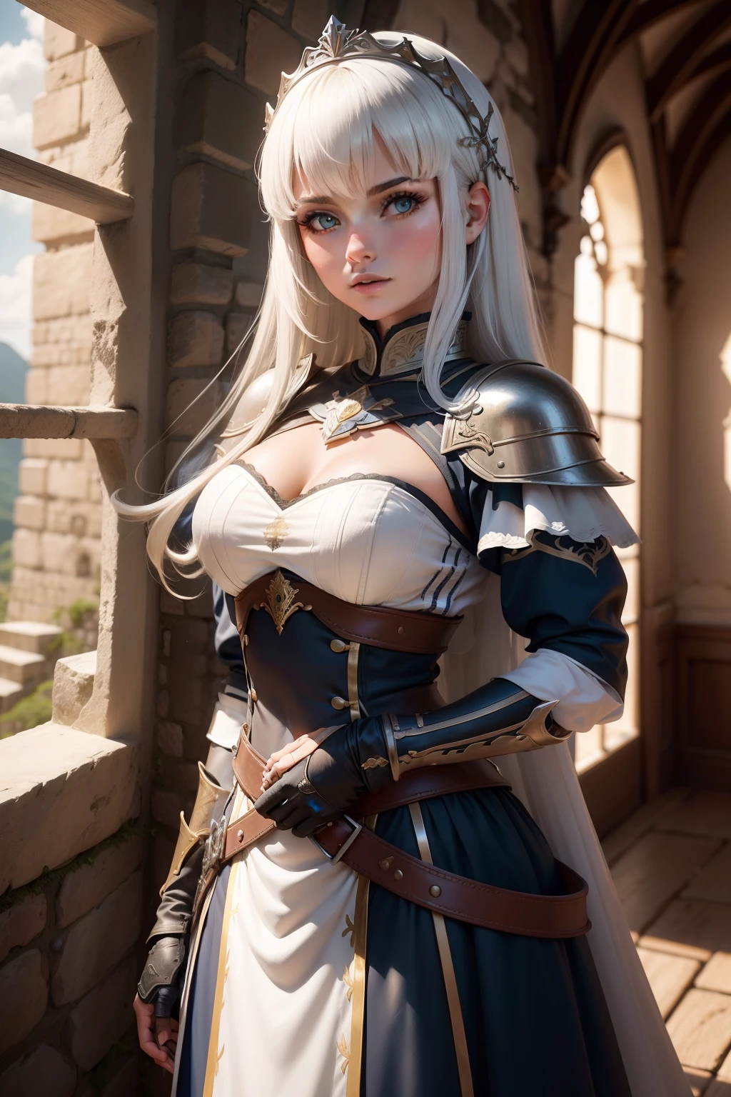 1girl, (), ((beautiful anime eyes with fine detail)), offshoulder, elf ears, very long blond hair, bangs, leather fantasy clothes, elf girl, (big breast:1.5), (((full body))), silver details, medieval clothes, detailed face, bootagic staff, beltt, bracelets, (((shoulder armor))), elegant, (((furr))), dress, (((crow in her shoulder))), realistic skin, (intricate details), best lighting, depth field, ((ultra high resolution, high res)), {highres}, {{very fine 8KCG wallpapers}}, {{very precise detailed}}, ((((masterpiece)))),