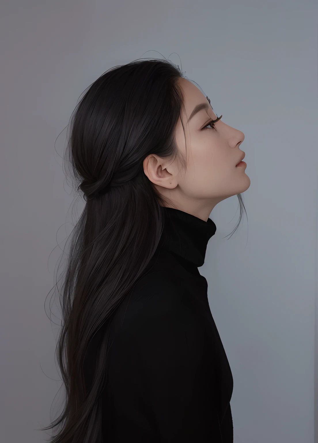 Woman with long hair wearing a black turtleneck sweater, cabelos finos e brilhantes, cabelos pretos longos e finos, penteado liso, fino lustroso cabelo escuro longo, Pose de perfil elegante, Cabelos pretos naturais extra-escuros, por Mei Qing, Asian girl with long hair, retrato de perfil lateral, cabelos longos de cor castanha, com longos cabelos escuros, com cabelos longos