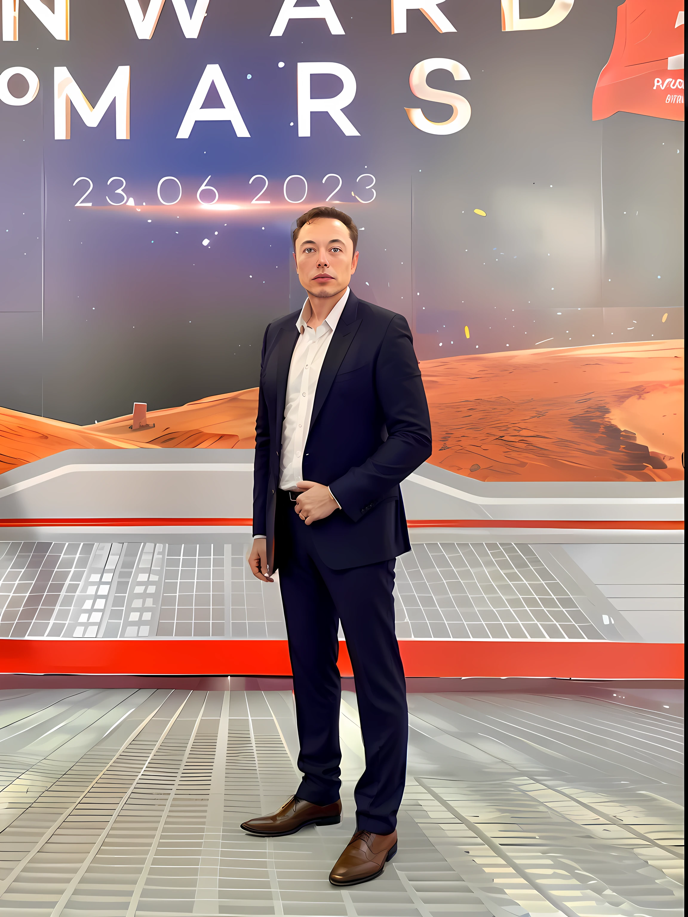 arafed man in a suit standing in front of a nasa display, standing on a martian landscape, mars as background, mars ravelo, elon musk on mars, standing in outer space, on the orange surface of mars, selfie of elon musk on mars, planet mars in the background, photo from 2022, standing in the solar system