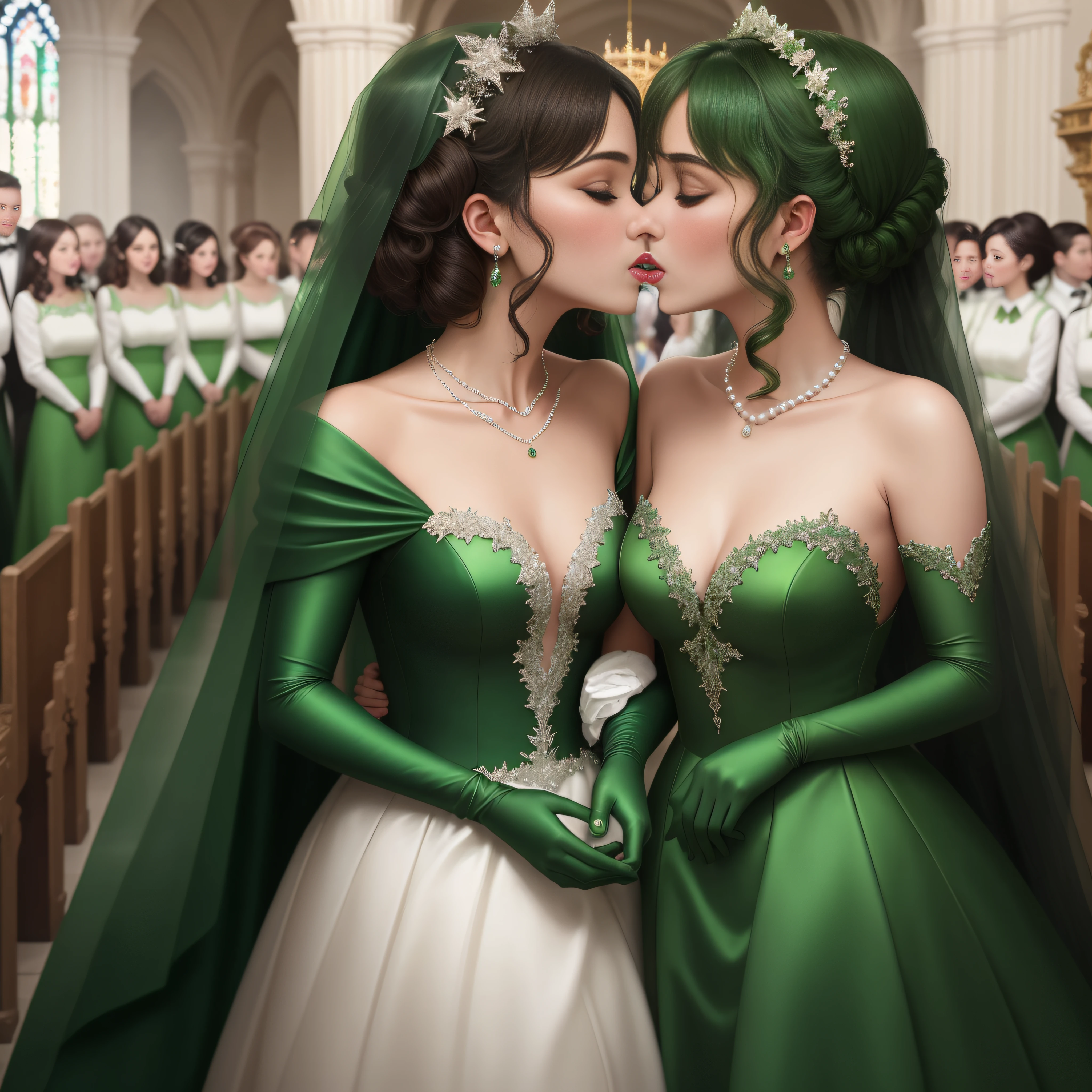 hight resolution、ultra-detailliert、2 girls, Two women kissing in church, Green Satin Long Gloves, Green Wedding Dresses, Green shorthair, lipsticks, the kiss, bride, Green Pearl Necklace, Green Bride, lesbian、kiss mouth to mouth, High quality film stills, Sexy lesbian couple make, Passionate, All are wearing emerald green dresses and emerald green long gloves