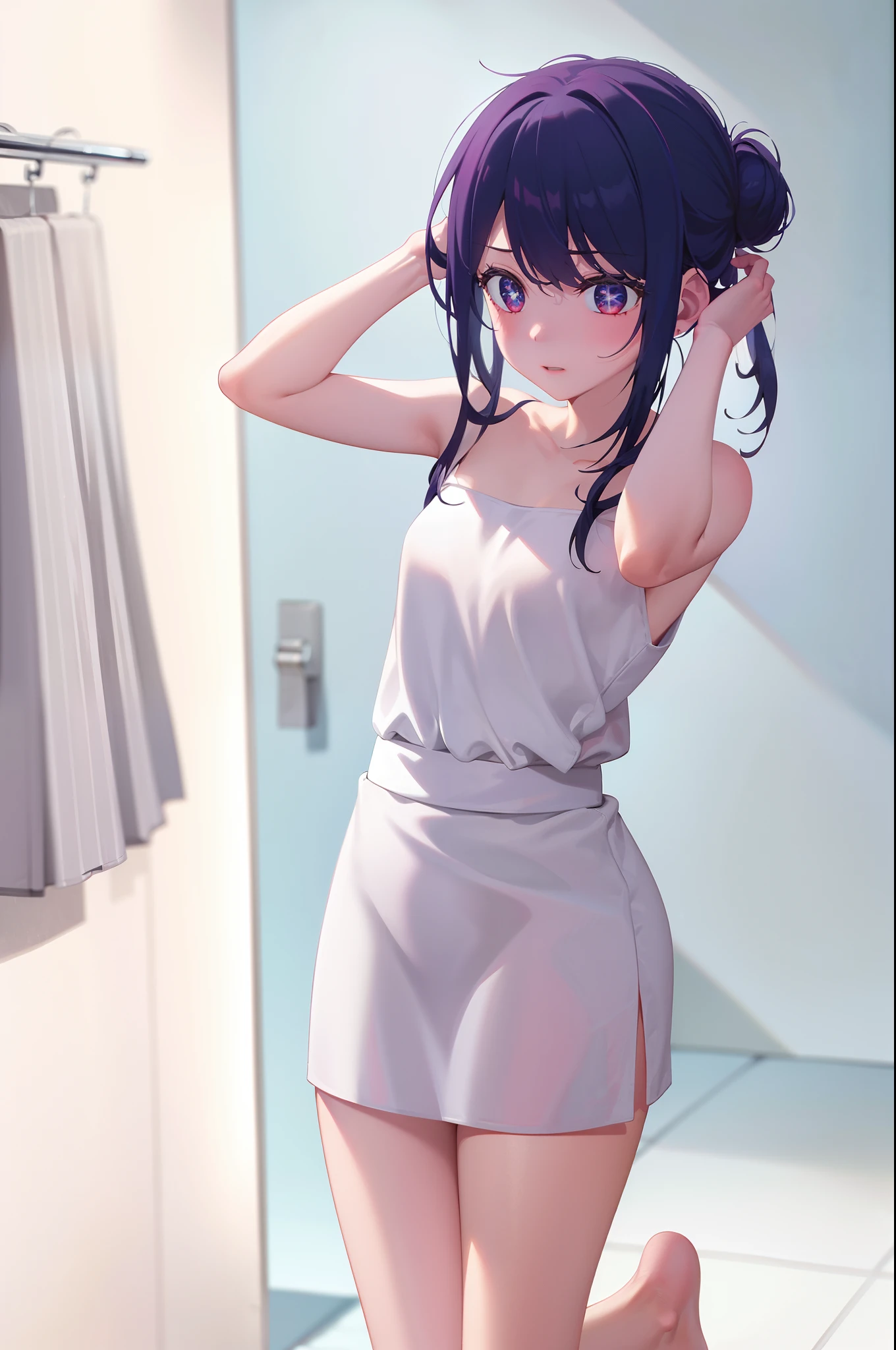 Short purple hair, magical girl, bath towel, full body soaked in bathroom (body focus: 1.25), purple eyes, exuding magic, gloomy, light reflection