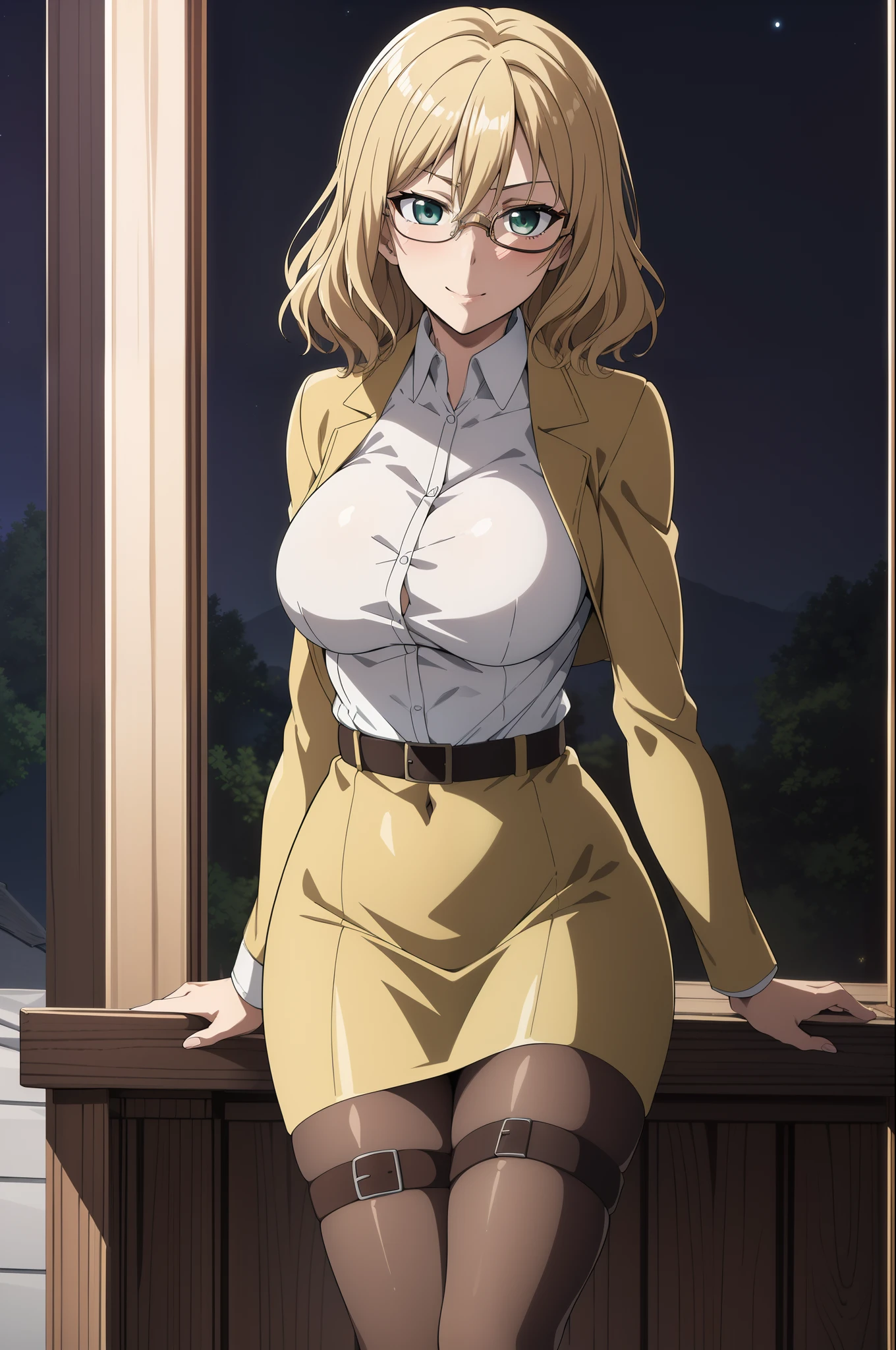 (Night:1.7), Forest background,
Standing at attention,
belt,brown jacket,long sleeves,thigh strap,white shirt, military uniform, pencil_skirt,pantyhose, thighs,midriff, navel,
blonde hair,Green eyes,bangs,wavy short hair, (hair between eyes:1.3),
1 girl, 20yo,mature female,Beautiful Finger,Beautiful long legs,Beautiful body,Beautiful Nose,Beautiful character design, perfect eyes, perfect face,
looking at viewer,official art,extremely detailed CG unity 8k wallpaper, perfect lighting,Colorful, Bright_Front_face_Lighting,
(masterpiece:1.0),(best_quality:1.0), ultra high res,4K,ultra-detailed,
photography, 8K, HDR, highres, absurdres:1.2, Kodak portra 400, film grain, blurry background, bokeh:1.2, lens flare, (vibrant_color:1.2), (beautiful_face:1.5),(narrow_waist), (((glasses:0.9))), ((tsundere)), tall, beautiful, medium breast, ((round eyewear:0.9)), ((military pants:0.5)), ((polo shirt:0.4))