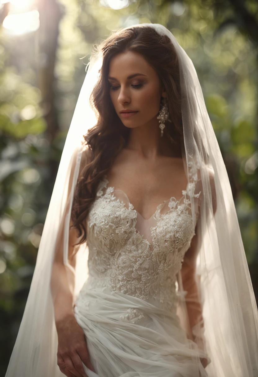a beautiful brunette woman in a wedding dress and long hair with a veil