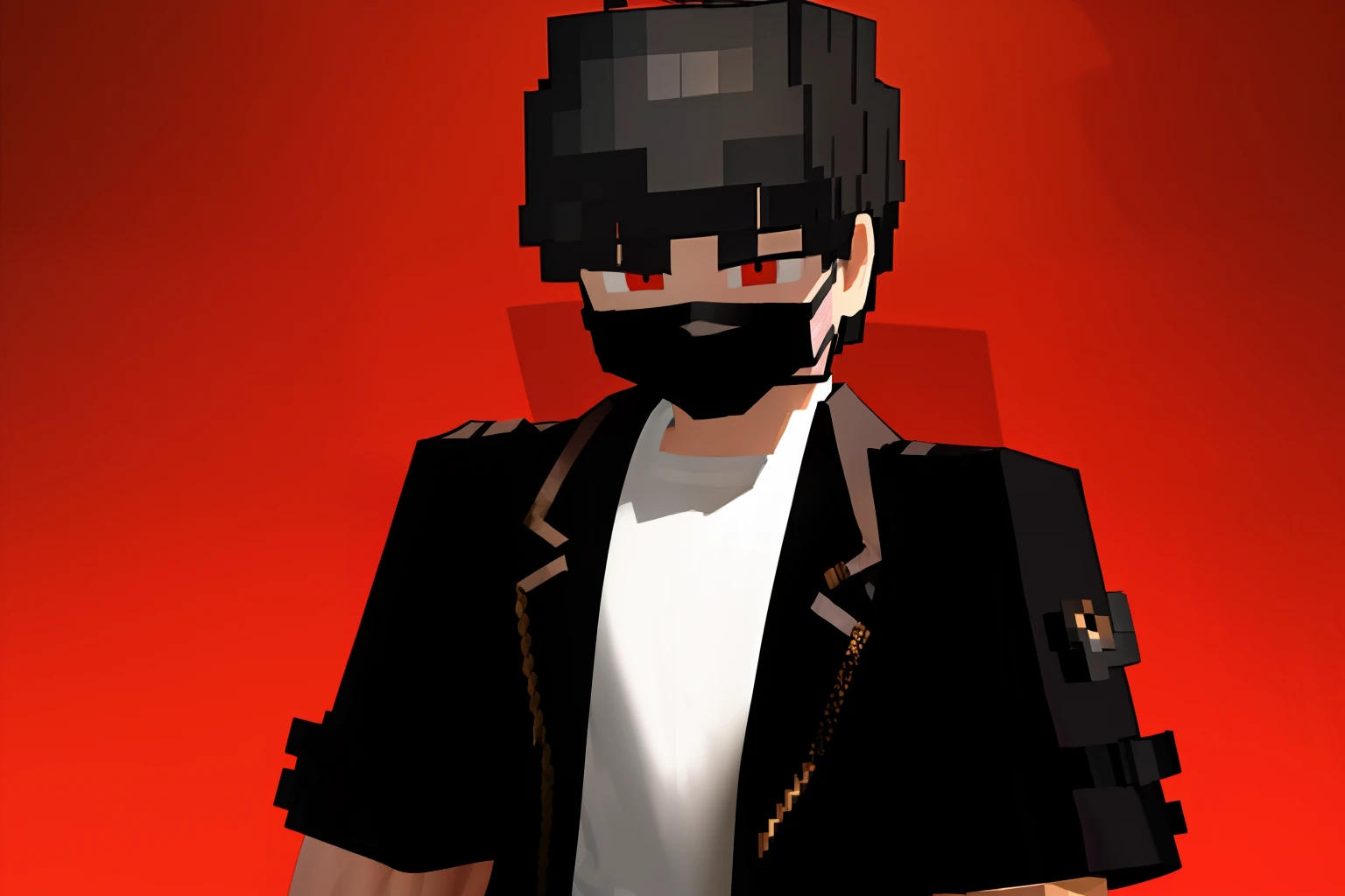 "(((masterpiece)))), best quality, ultra-detailed model, 8k CG unity photo, flawless lighting, quality shadows, a Minecraft boy, pushed back haircut , muscle , wearing a black jacket over a white t-shirt , black ClothMask , red eyes , in the night background , black gloves , black mask in his mouth , BLACK JACKET , over the jacket a WHITE SHIRT , BLACK HAIR