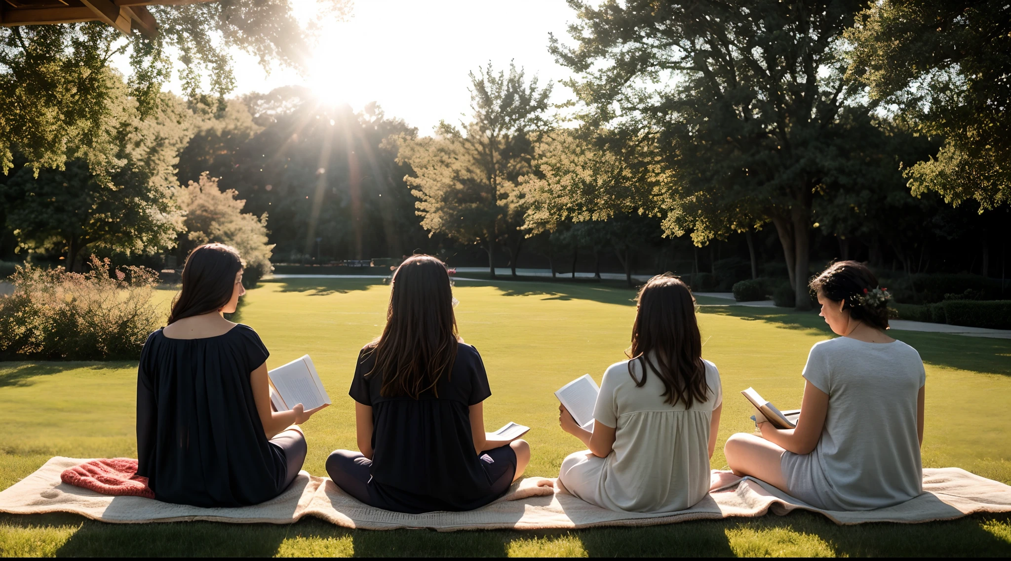 instagram photo, A thoughtful composition featuring women immersed in their literature studies under the open sky, scholarly, peaceful, Nikon Z6 II with 50mm f/1.8 lens, soft morning light, lifestyle photography.