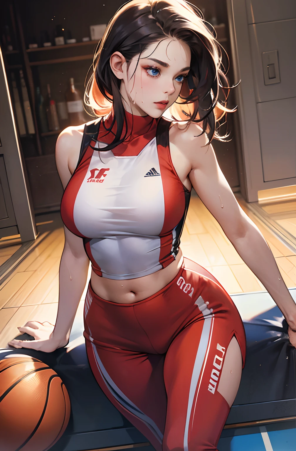 locker room,track suit,(Thin type:1.5),(large breasts),(random hairstyle),(Highest image quality,(8K), Ultra-realistic, Best Quality, High quality, High Definition, high quality texture, high detailing, Beautiful detailed, fine detailed, extremely details CG, Detailed texture, realistic representation of face, masterpiece, presence)