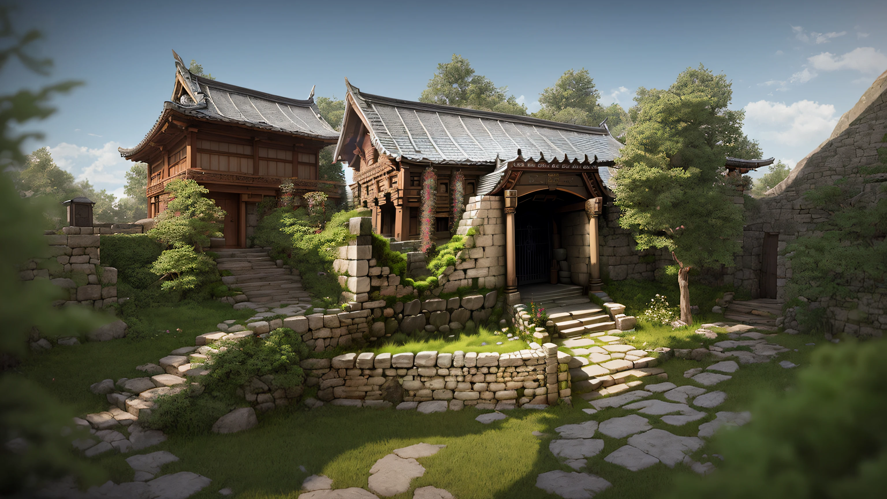 There is a stone wall and steps leading to the building, realistic fantasy rendering, akihiko yoshida. illusory engine, Elven architecture, highly realistic concept art, beautiful 3d concept art, high detal, cyberpunk japanese temple, inspired by senior environment artist, Rolands Zilvinskis 3D rendering art, beautifully detailed render, japanese temples, very detailed render