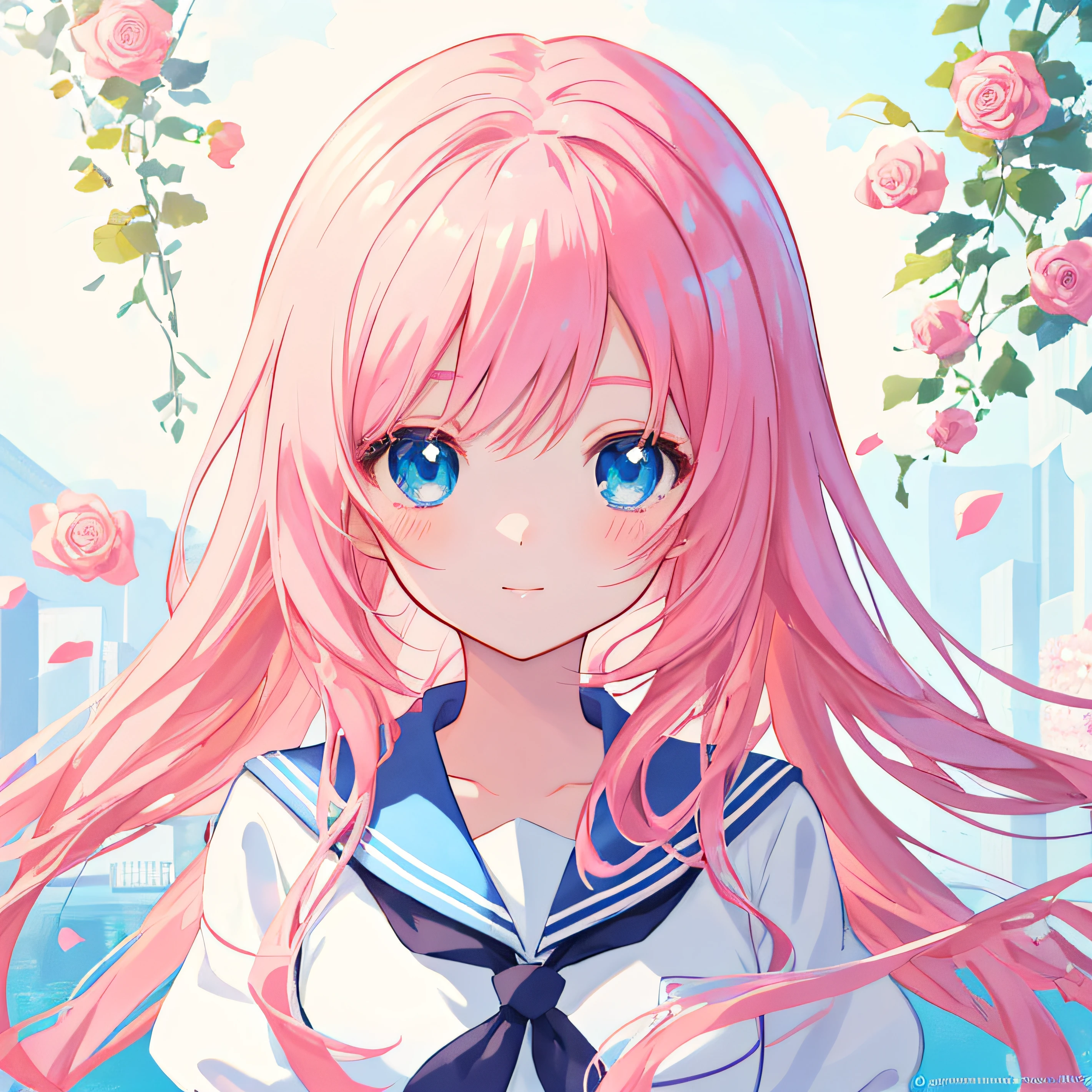 "Anime style, Cute girl with pink hair and blue eyes in sailor suit holding roses, 8K resolution, Delicate digital anime art, anime moe art style, Clean detailed anime illustrations, Beautiful anime portraits, Digital Artwork, Cute anime visuals, detailed anime art, pixiv artwork, Couple Avatars, anime style illustration," 🍁 "