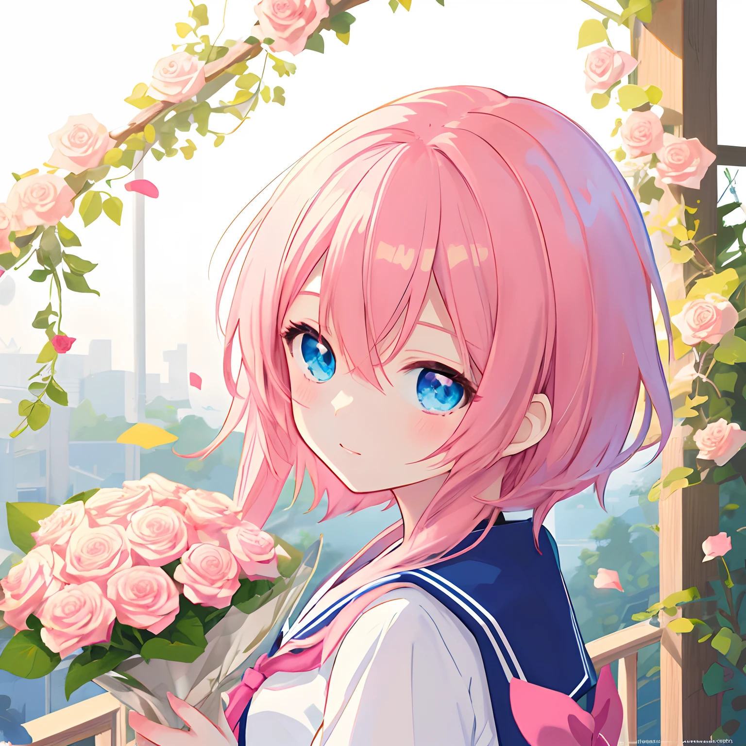 "Anime style, Cute girl with pink hair and blue eyes in sailor suit holding roses, 8K resolution, Delicate digital anime art, anime moe art style, Clean detailed anime illustrations, Beautiful anime portraits, Digital Artwork, Cute anime visuals, detailed anime art, pixiv artwork, Couple Avatars, anime style illustration," 🍁 "