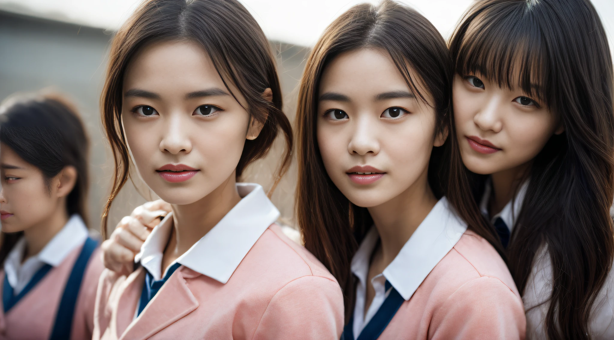 Black short-wave hair、White Skin Skin、chineseidol、年轻、Thick eyebrows、Black eyes、biting lip、smile in face、pink uniform、Gold tie、Small waist、In the school classroom、sit on chair、Slim eyebrows、Brown hairpins、hentail realism、8K、tmasterpiece、A high resolution、、anatomically correcte、、from above view、32K quality