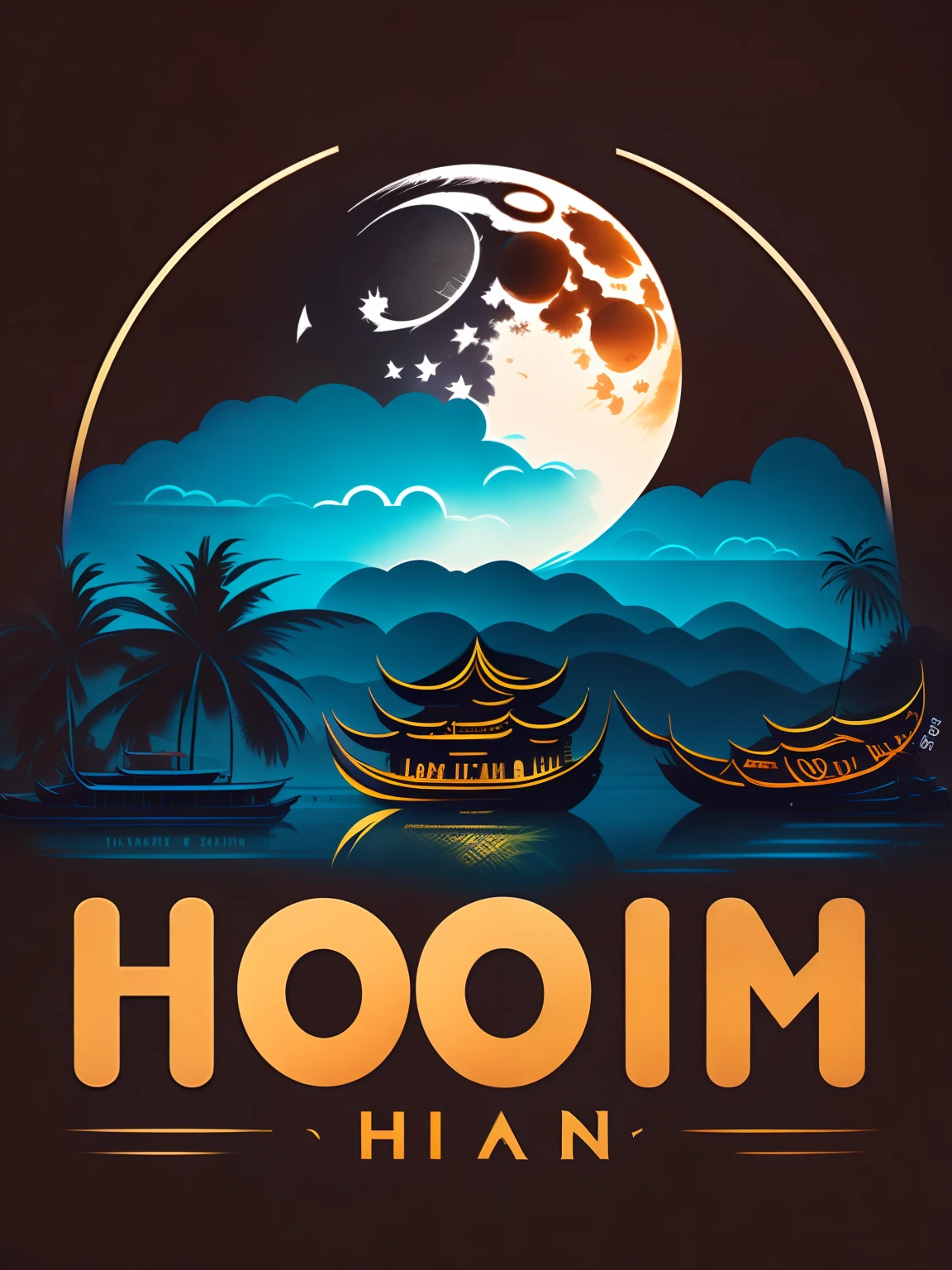 text Hoi An, tshirt design, rzminjourney, vector-art, moon, lanten Vietnam