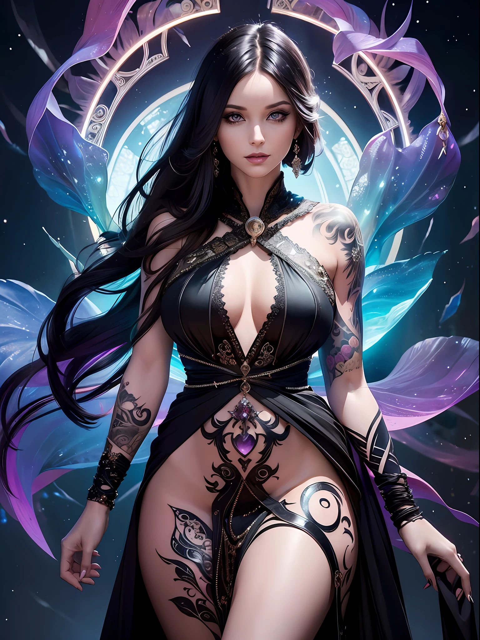 (((Ultra detailed, beautiful face, Megapixel))) A captivating 28-year-old female model with an (unconventional and mesmerizing presence). Her (raven-black waist-length hair) cascades like a waterfall, revealing the (elaborate full-body tattoo) that weaves an intricate tapestry of symbols, mythical creatures, and celestial bodies across her skin. Her (intense amethyst eyes) seem to hold the wisdom of the ages, as if each tattoo represents a chapter in her life's story. She possesses a (strong and athletic figure) adorned with (powerful and artistic tattoos) that seem to come alive with every movement. Dressed in a (daring and ethereal gown), the dress designed with sheer fabric that accentuates her ink, creating an ethereal and mystical look. Her attitude is (magnetic and alluring), drawing people in with the enigma of her tattooed body art. She stands in a (graceful and enchanting) pose, as if she were a living canvas of art and wonder. The background features a (surreal and fantastical realm) with (mythical creatures) and (luminous celestial skies), creating a surreal and magical ambiance that complements her enchanting tattooed appearance.