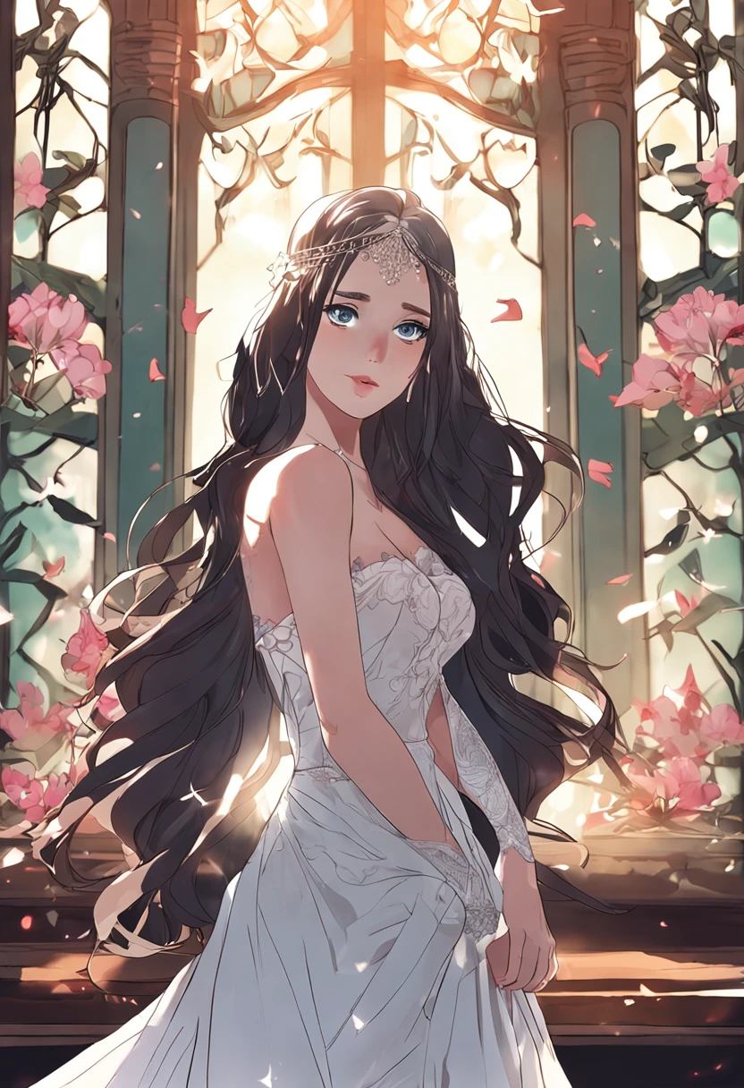 A beautiful brunette woman from anime with a wedding dress and long hair with a veil