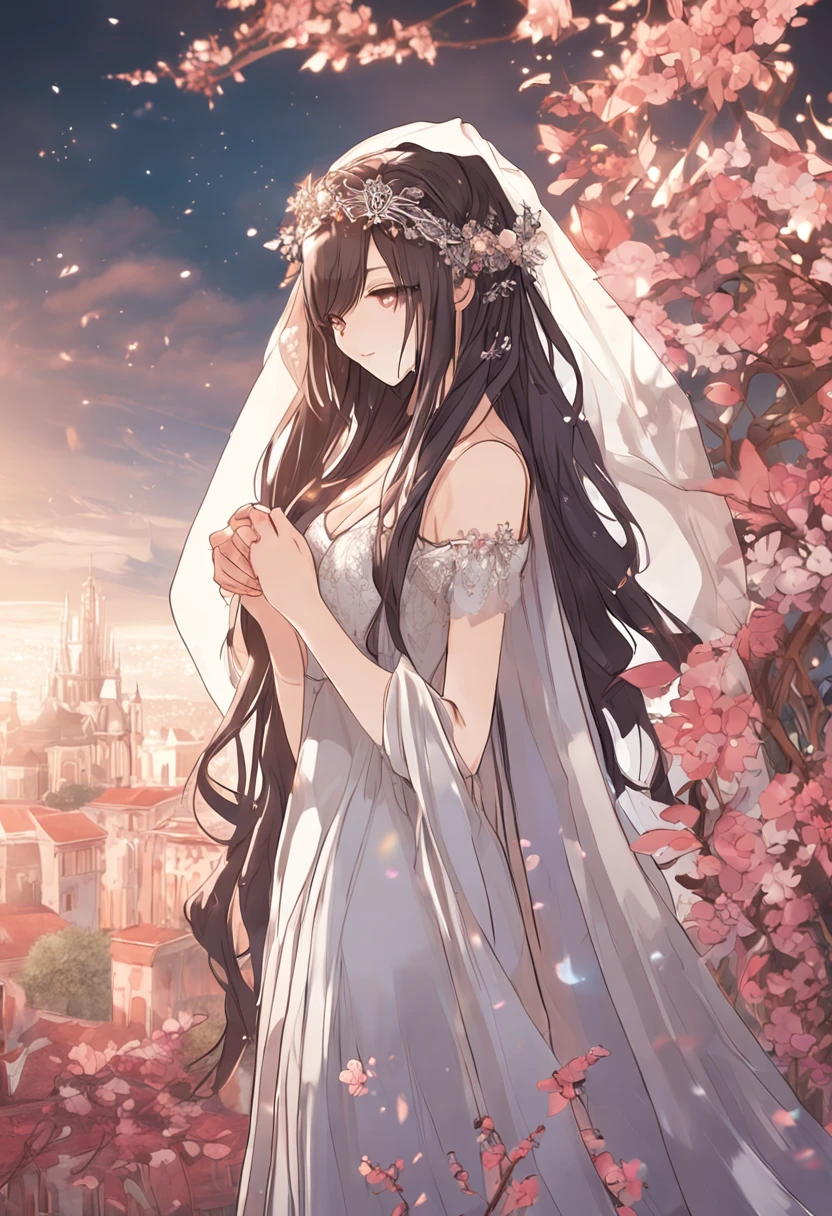 A beautiful brunette woman from anime with a wedding dress and long hair with a veil