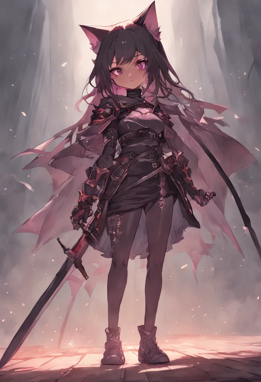 da pele marrom. Sua figura, peituda, Curvy, proper steering, orelhas de coelho, rabo de gato, Cor do cabelo Magenta, olhos magenta escuros, Brown skin, with sword in hand, grande pano esfarrapado como capa enrolada na cintura, armadura peitoral, manopla, camisa preta de manga comprida sob a armadura, armadura peitoral, Capuz, Espada devidamente desenhada, magic sword, pano enrolado na cintura, Sword properly drawn in hand, orelhas de gato, Pintura digital da cauda do gato, digital illustation, Detalhe extremo, arte digital, armadura do cavaleiro, Baggy Puffy Pants, metal boots, totalmente blindado. pano enrolado na cintura. Hold a sword in both hands. Baggy Puffy Pants.