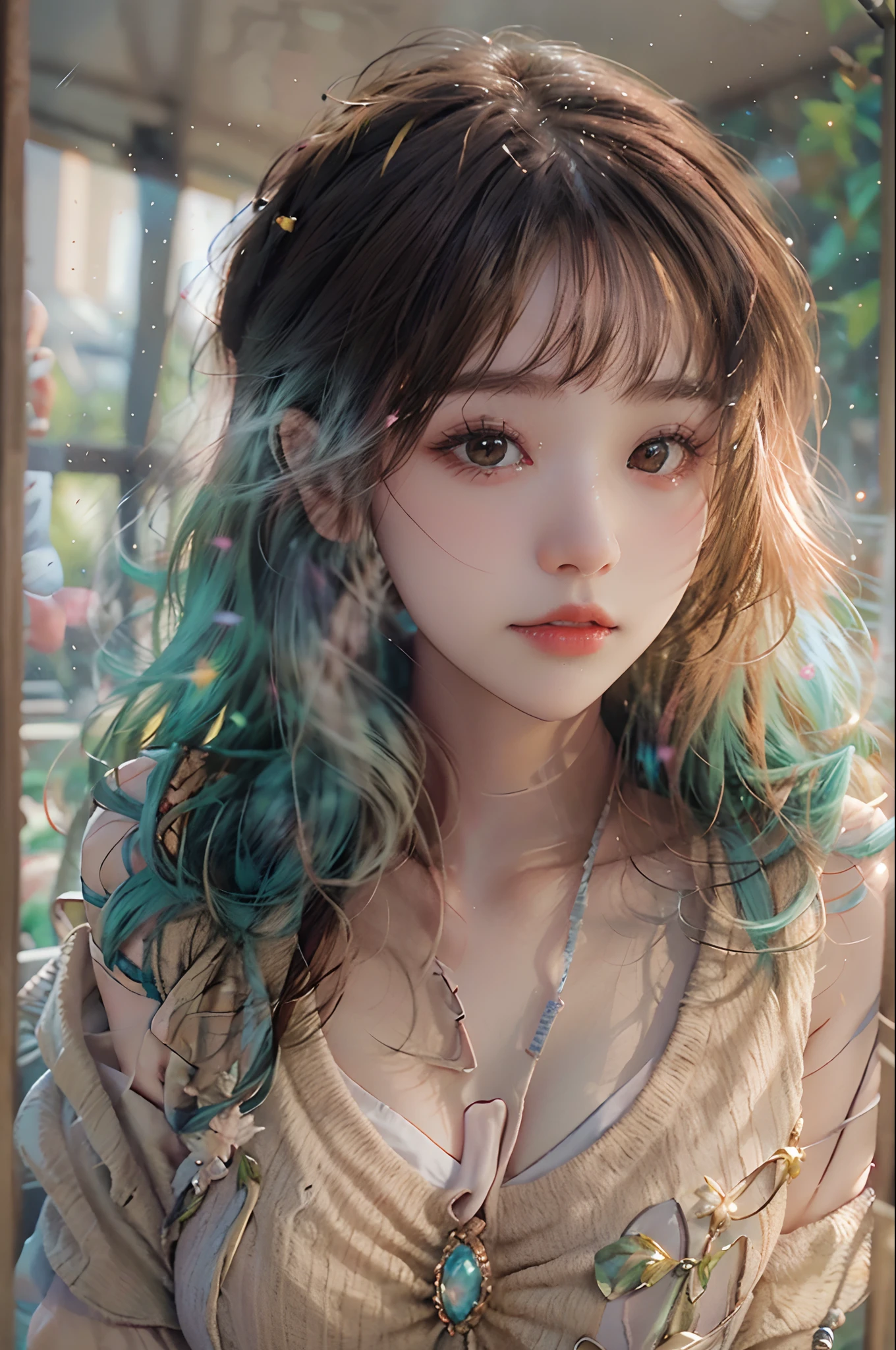 (Fluorescent color:1.4),(semi transparent:1.4),(retro filters:1.4),(fanciful:1.4),(photograph of a woman,1girll:1.2),cropped shoulders,cinmatic lighting, ssmile,short detailed hair,Black shawl straight hair,46 points oblique bangs,High-definition detail、Hyper-detailing、cinematic ligh、ultra-realistic realism、Soft light、Deep field focus bokeh,s the perfect face,beauitful face,beautidful eyes,((Perfect female body)),Candy World Disneyland,aethereal、softness、fluffly、Soft landscape,Pastel pink sky,Green and blue luster,Ethereal light powder,Whimsical rainbow brilliance、As estrelas,diamond sparkles,Gemstone background,(Ultra photo realsisim)、(Super quality)、cinmatic lighting,huge detail,full HD painting,well-illuminated,