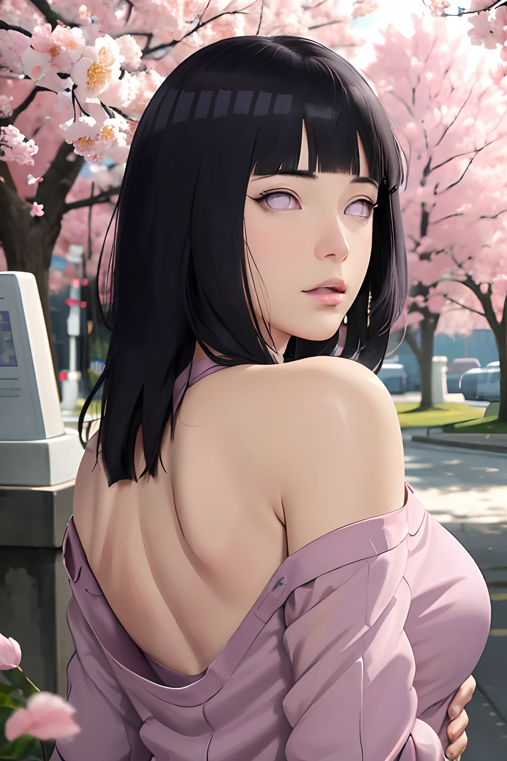 masterpiece, absurdres, hinata\(boruto\), 1girl, solo,mature female, off-shoulder oversized shirt, looking at viewer, (falling petals), perfect composition, detailed lips, big breast, beautiful face, body propotion, blush, (pink lips), long hair,  purple eyes,  soft gaze,  super realistic, detailed, photoshoot, realistic face and body, back view