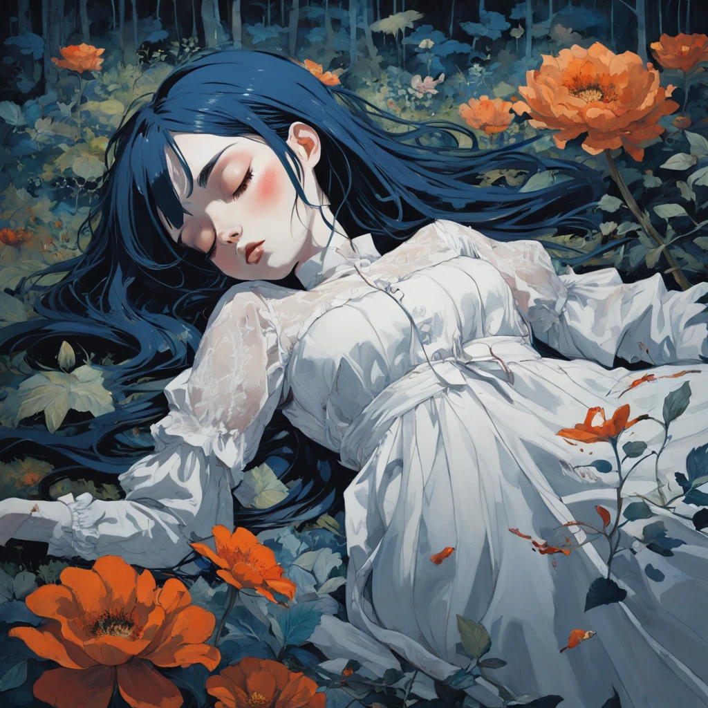 kristen stwart look alike, deep dark blue hair, red eyes, girl sleeping on a florest,big flowers around she, orange, Doll. white lace dress, In the style of Adrian Ghenie, Esao Andrews, Jenny Saville, Edward Hopper, surrealism, Dark Art par James Jean, Takato Yamamoto, Minimalisme inkpunk. Dans le style Tim Burton. Dans le style Addams Family. Dans le style Corpse Bride.