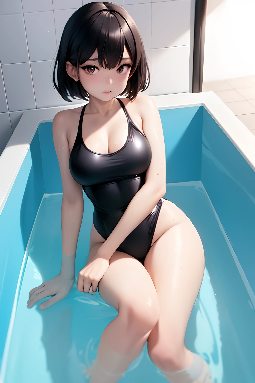 there is a woman sitting in a bathtub with a black swim suit, cute girl wearing tank suit, is wearing a swimsuit, wet swimsuit, swimsuit, ilya kuvshinov. 4 k, bathing suit, artwork in the style of guweiz, in retro swimsuit, in bathroom, wearing leotard, seductive anime girl, guweiz, black swimsuit