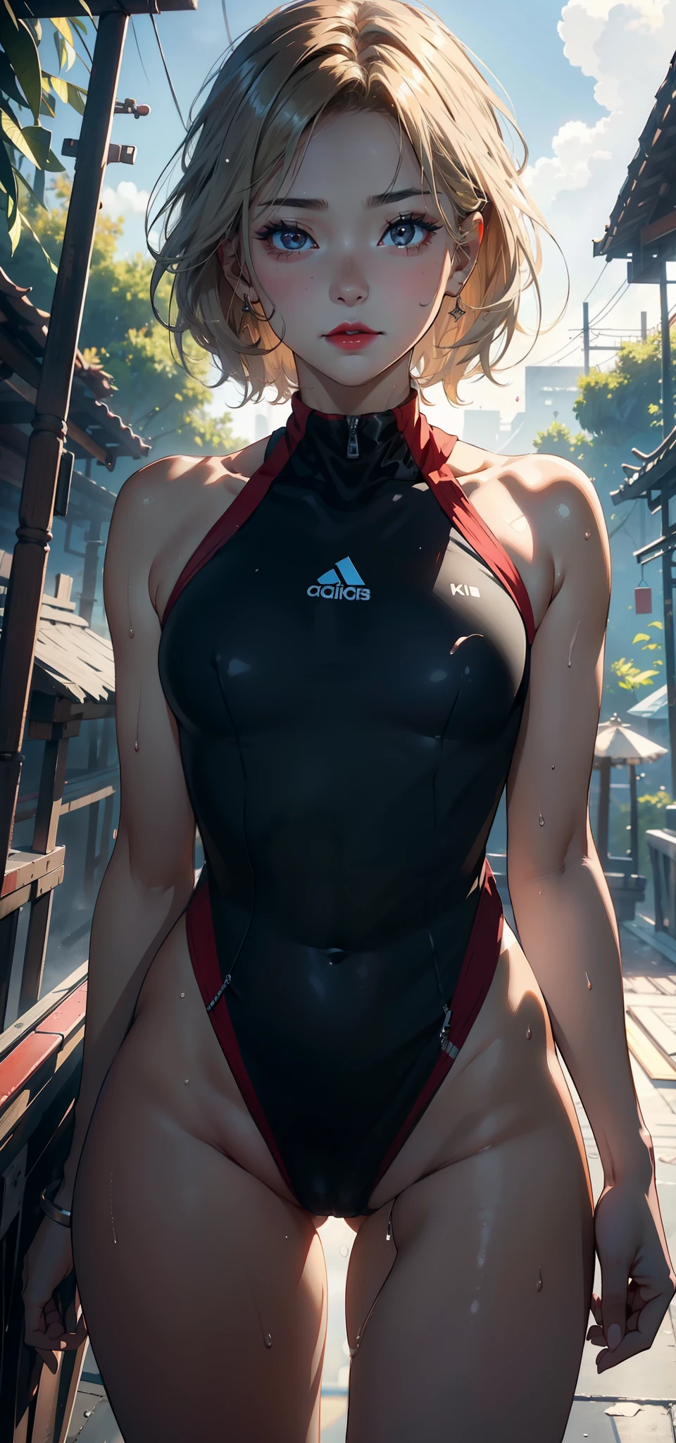 1female,,Small loli,bit gimallunderboob,Pornographic exposure, 独奏,(Background with:bamboo forrest,basketball playground) She has very short blonde hair,bobo head,standing on your feet,Sweat profusely,drenched all over the body,seen from the front, hair straight, mostly cloudy sky,(((tmasterpiece),(Very detailed CG unity 8K wallpaper),best qualtiy,cinmatic lighting,detailed back ground,beatiful detailed eyes,Bright pupils,(Very fine and beautiful),(Beautiful and detailed eye description),Black eyes,Redlip,ultra - detailed,tmasterpiece,)),facing at camera,(The upper part of the body),A high resolution,ultra - detailed),showing midriff,revealing breasts,Bare genitalia, Bulge,legs are open,sexyposture,Camel toes,Flushed complexion,ssmile,frontage,cropped shoulders,elementary student,(Wearing:Sexy transparent one-piece sportswear set,athletic sneakers)
