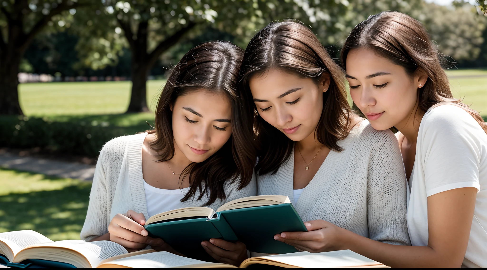 instagram photo, closeup face photo  A thoughtful composition featuring women immersed in their literature studies under the open sky, scholarly, peaceful, Nikon Z6 II with 50mm f/1.8 lens, soft morning light, lifestyle photography.
