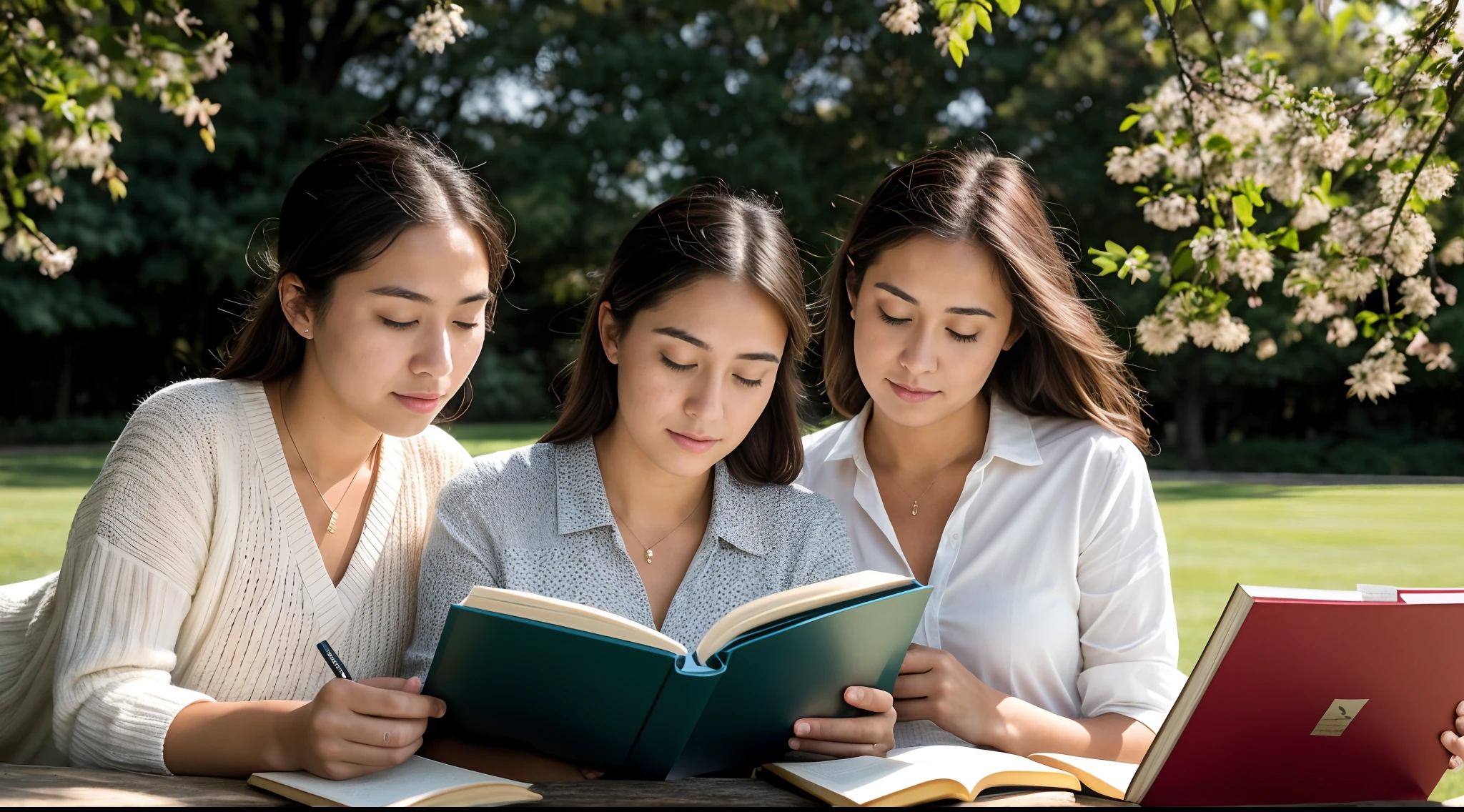 instagram photo, closeup face photo A thoughtful composition featuring women immersed in their literature studies under the open sky, scholarly, peaceful, Nikon Z6 II with 50mm f/1.8 lens, soft morning light, lifestyle photography.