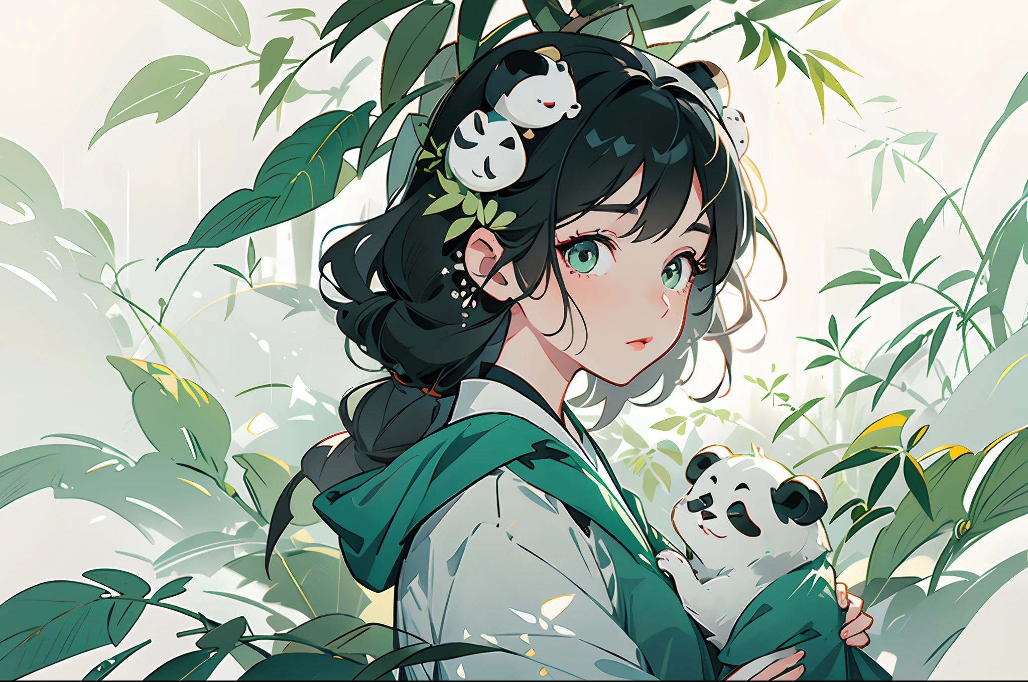white backgrounid，Under bamboo leaves, The panda sits on a branch，（bit girl：1.5，Above the shoulder），Green and powdery white clothes，big beatiful eyes，detailed face with，Flashy clothes，Ethereal panda，Chinese Panda，Dreamy，Onmyoji detailed art，A beautiful artwork illustration，mythological creatures，pandas，Beautiful digital artwork