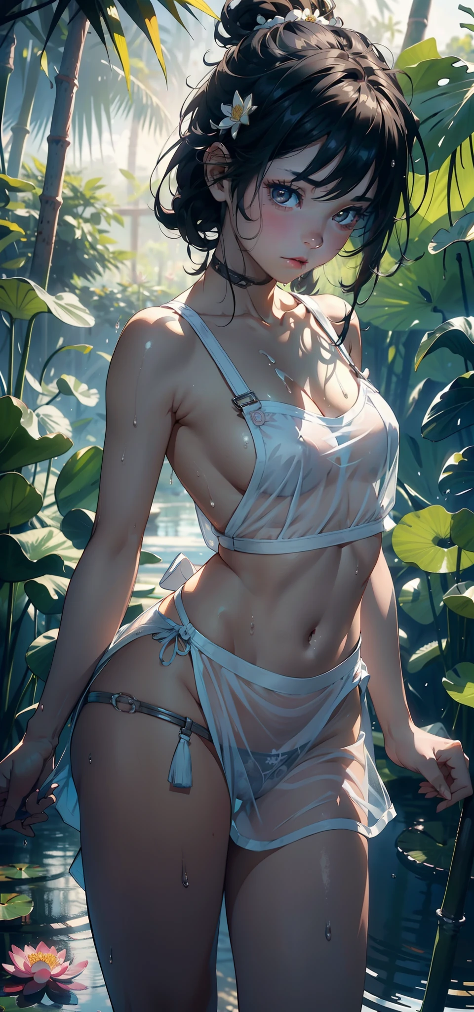 1female， 5，bit girl，Small lolsmallunderboob ，Pornographic exposure， 独奏，（Background with：bamboo forrest，lotuses，lotus flower，exteriors，） She has short black hair，Sweat profusely，drenched all over the body，seen from the front， hair straight， mostly cloudy sky，（（（tmasterpiece），（Very detailed CG unity 8K wallpaper），best qualtiy，cinmatic lighting，detailed back ground，beatiful detailed eyes，Bright pupils，Black eyes，（Very fine and beautiful），（Beautiful and detailed eye description），ultra - detailed，tmasterpiece，）），facing at camera，A high resolution，ultra - detailed），showing midriff，revealing breasts，Bare genitalia，  Bulge，legs are open，Raised sexy，Camel toes，Flushed complexion，Open-mouthed，frontage，White floral headband，elemeing：Sexy transparent apron，fullnude，with no underpants，）