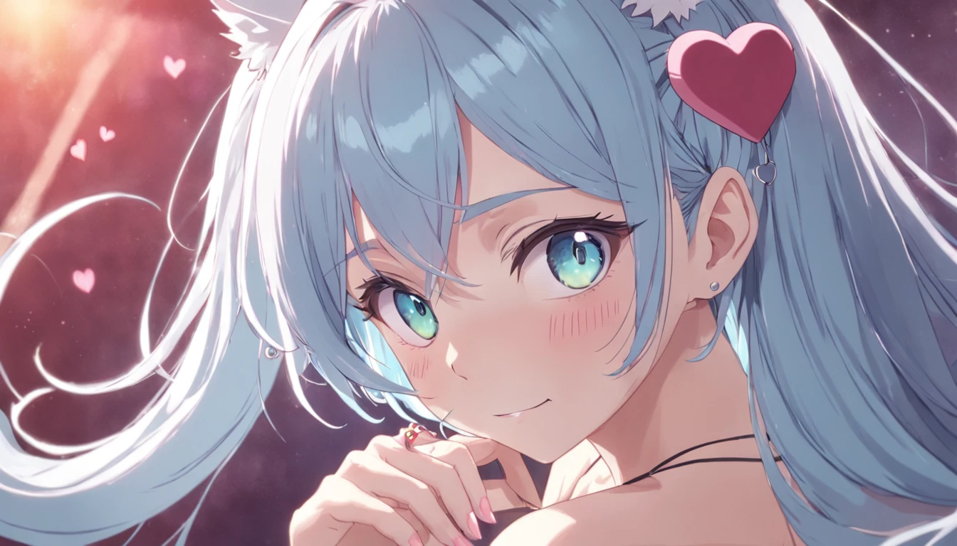1girll,full bodyesbian,long eyelasher, Silver hair, Light blue hair, Gradient hair, hair pin, Hairpin, hair adornments, Heart-shaped pupils, Pink eyes, Cat ears, Light smile, Shy, Blush, hearts in eyes, anime big breast, Anime style, 8K, Super detail, Best quality, hyper HD, Masterpiece, High details, High quality, Best quality