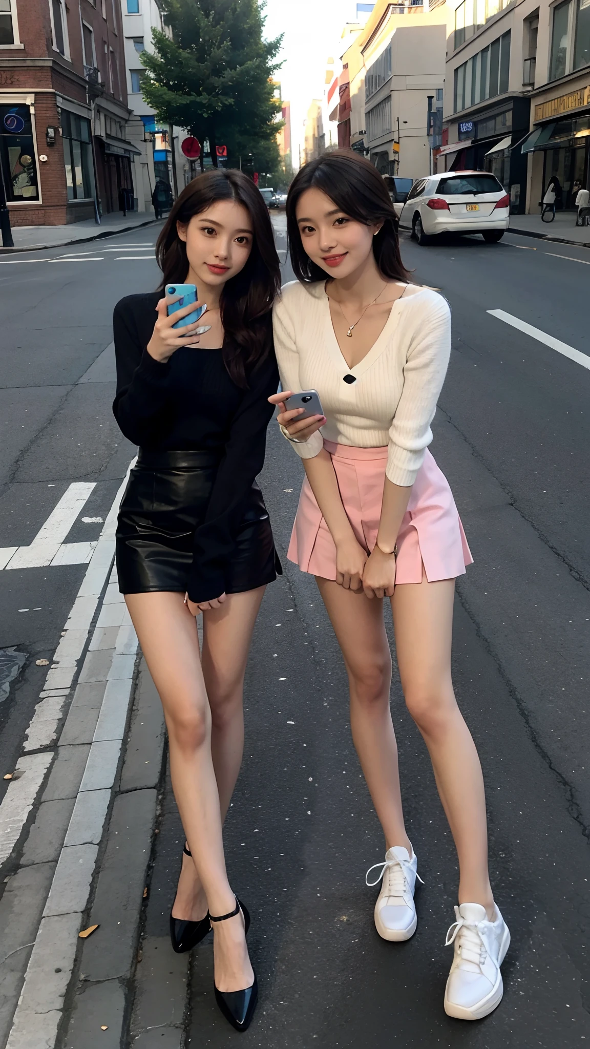 Beutiful women,Play with your phone in the middle of the street,short skirt