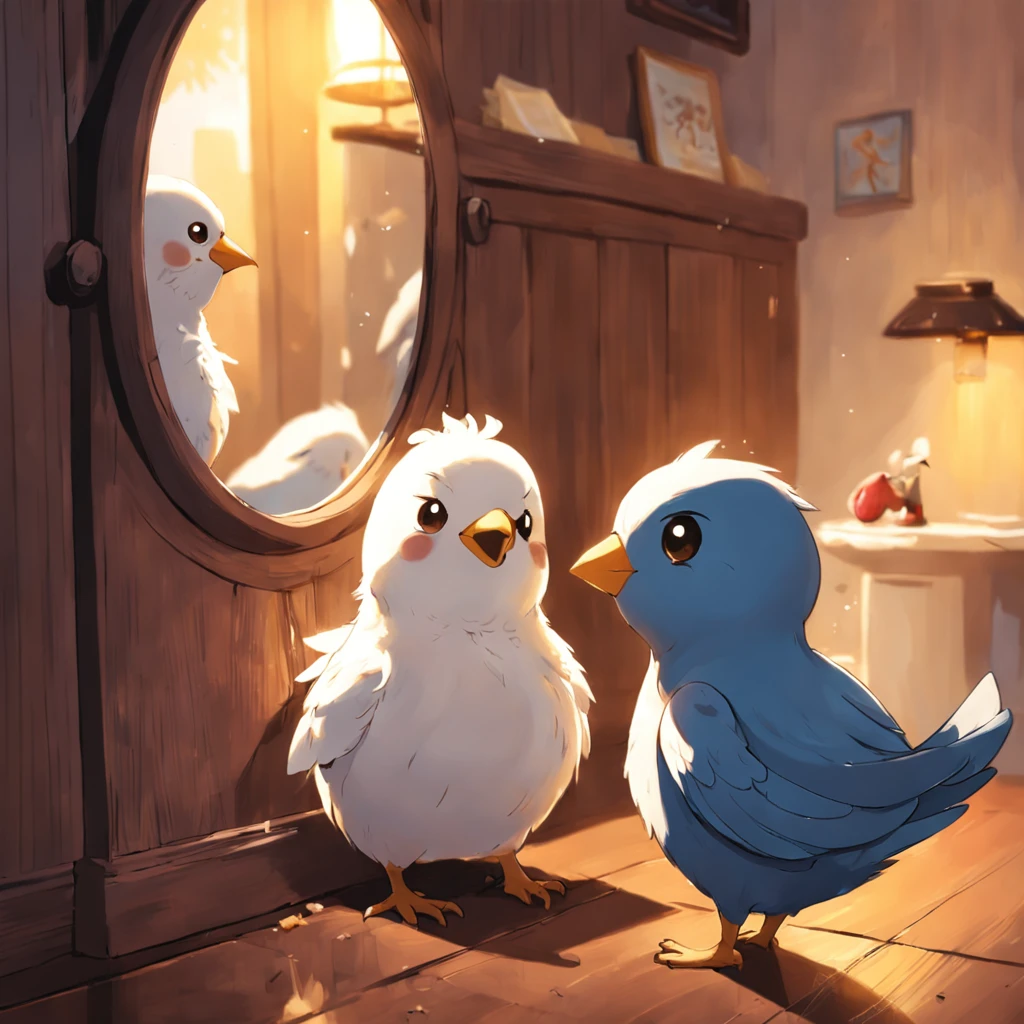 Amused by the antics of the birds, The inhabitants of the house gather to watch Sparky's cute encounter with another bird. They couldn't help but laugh,Because Sparky continues to show his love, Pecking at the mirror,As if wanting to give his reflection a playful hug.As time passes, Sparky's fascination with new friends continues. Every now and then he goes to the kitchen。, Always happy to see birds like him. Every time he approached the mirror, He seems to have forgotten,All that interacts with him is his own reflection。.